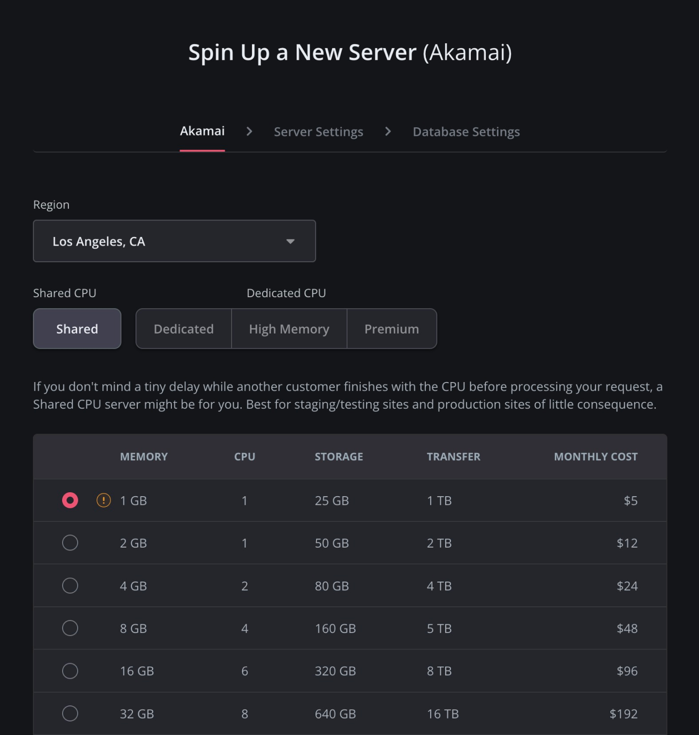 Select server configuration