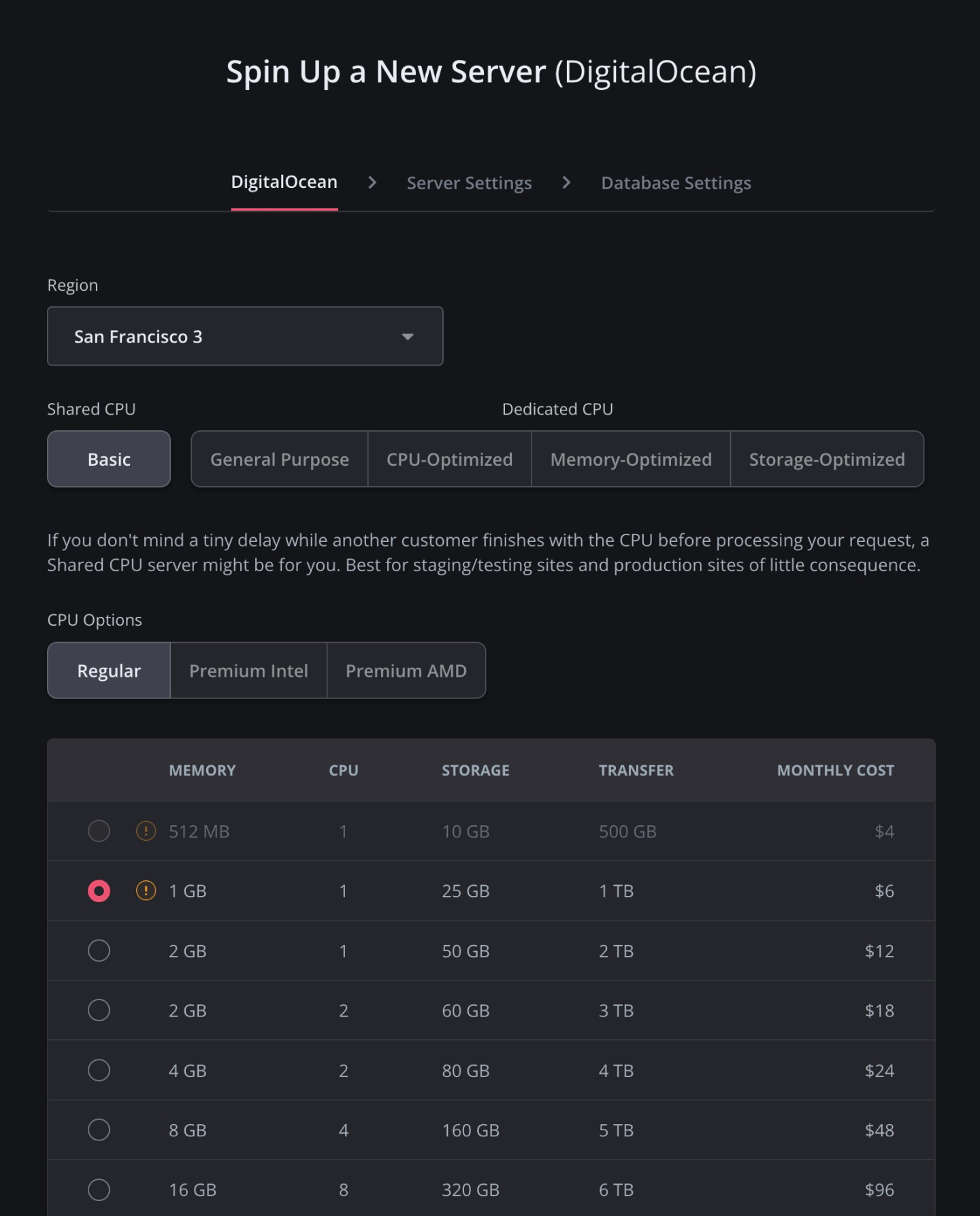 Select server configuration