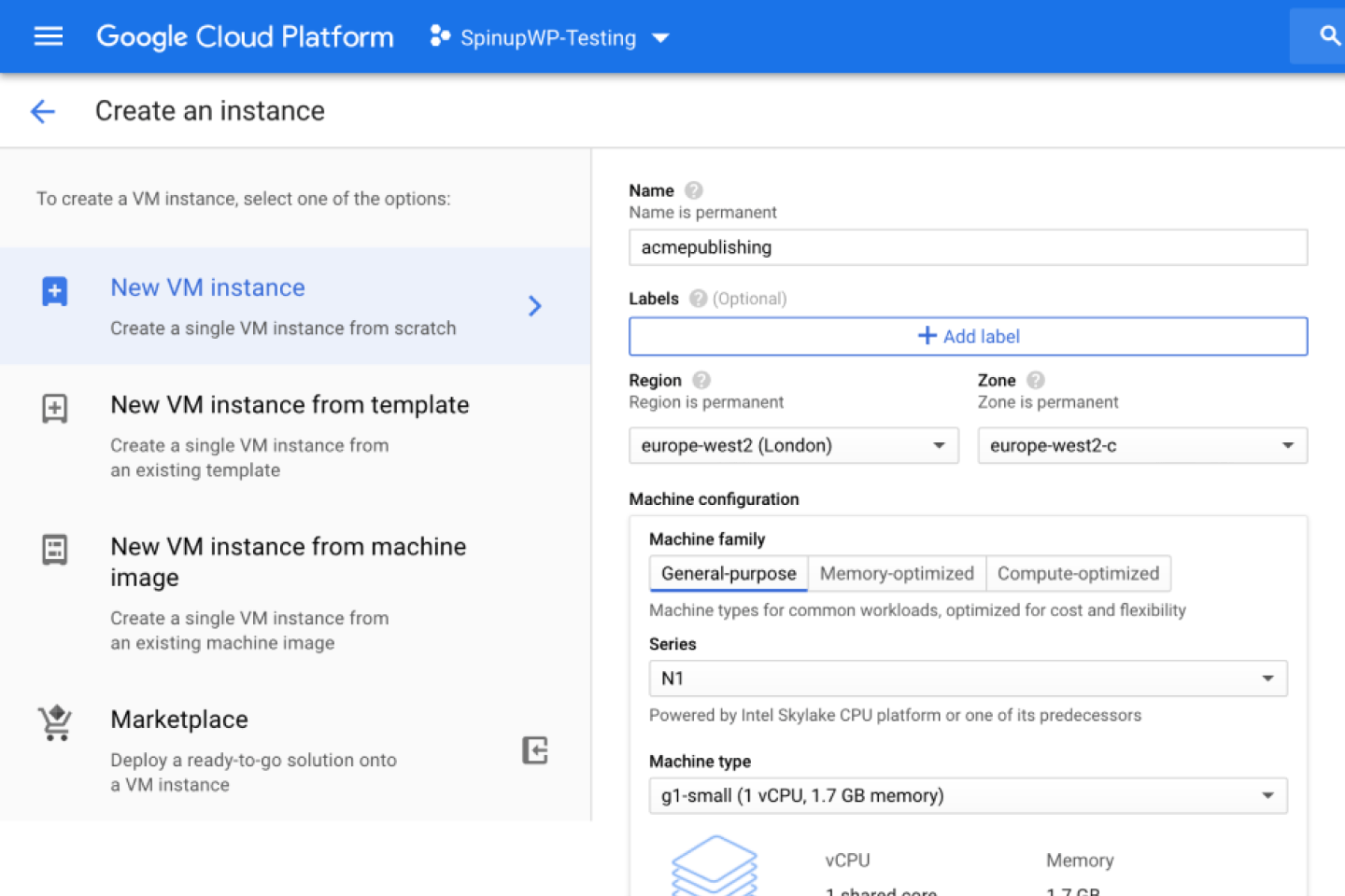 Create a new Google Compute Engine VM instance