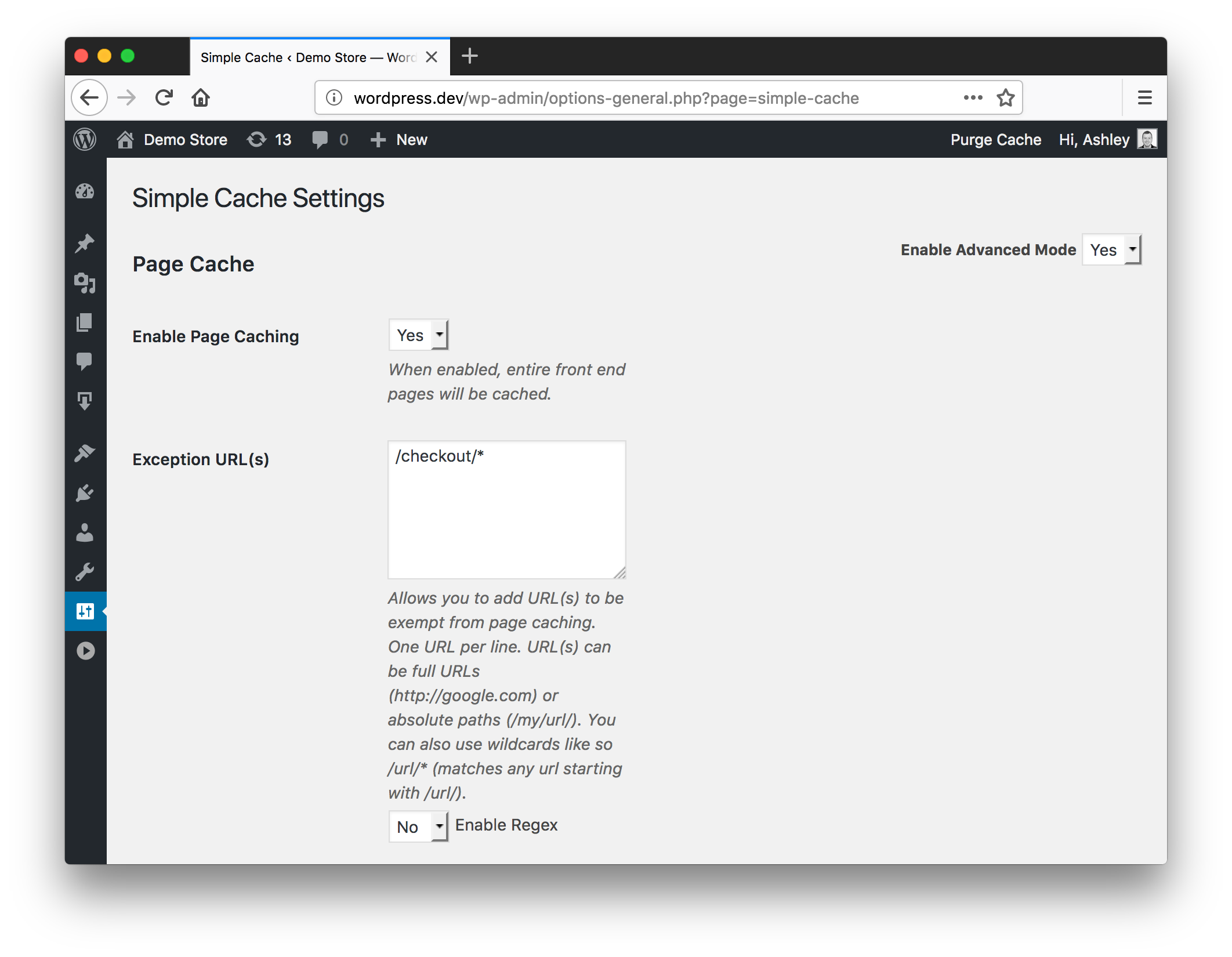 Screenshot of Simple Cache settings screen