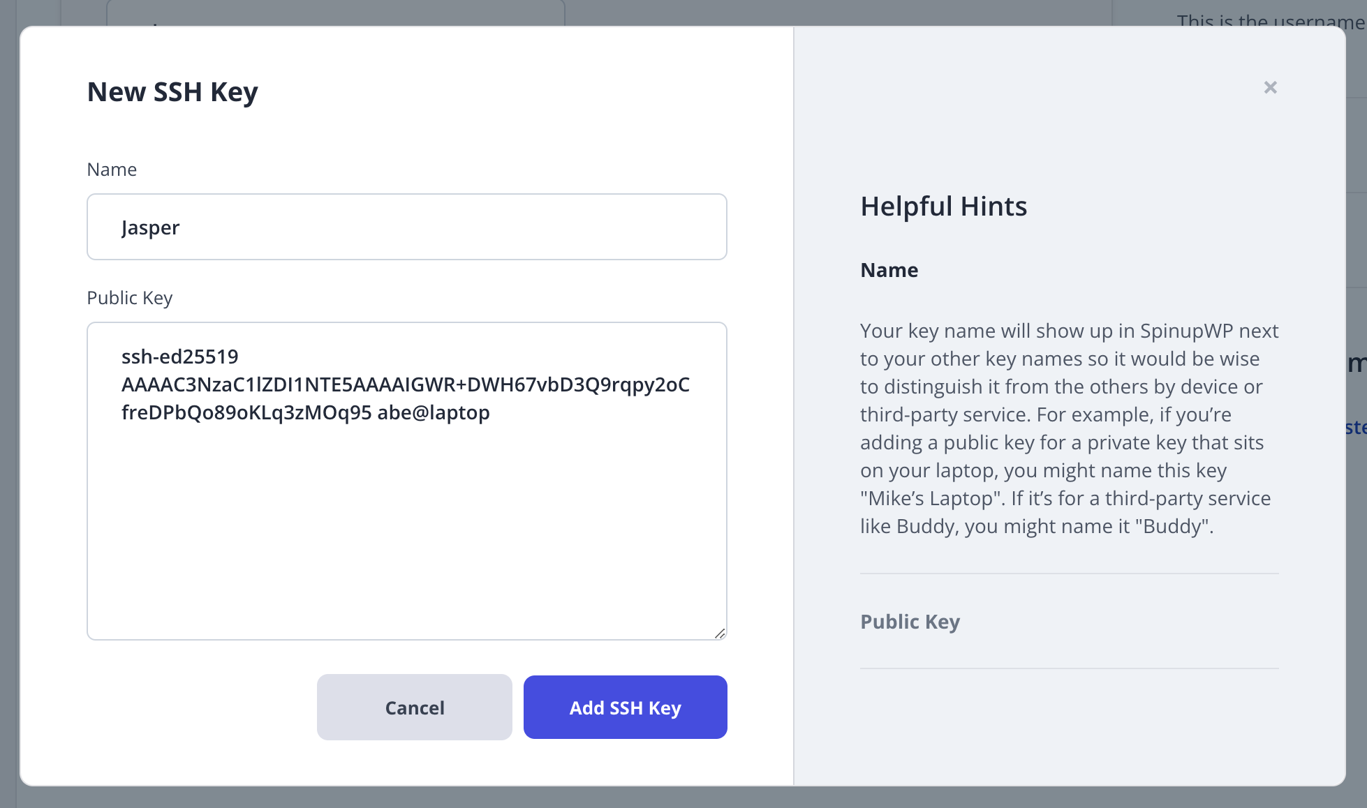 Screenshot of the New SSH Key modal in SpinupWP.