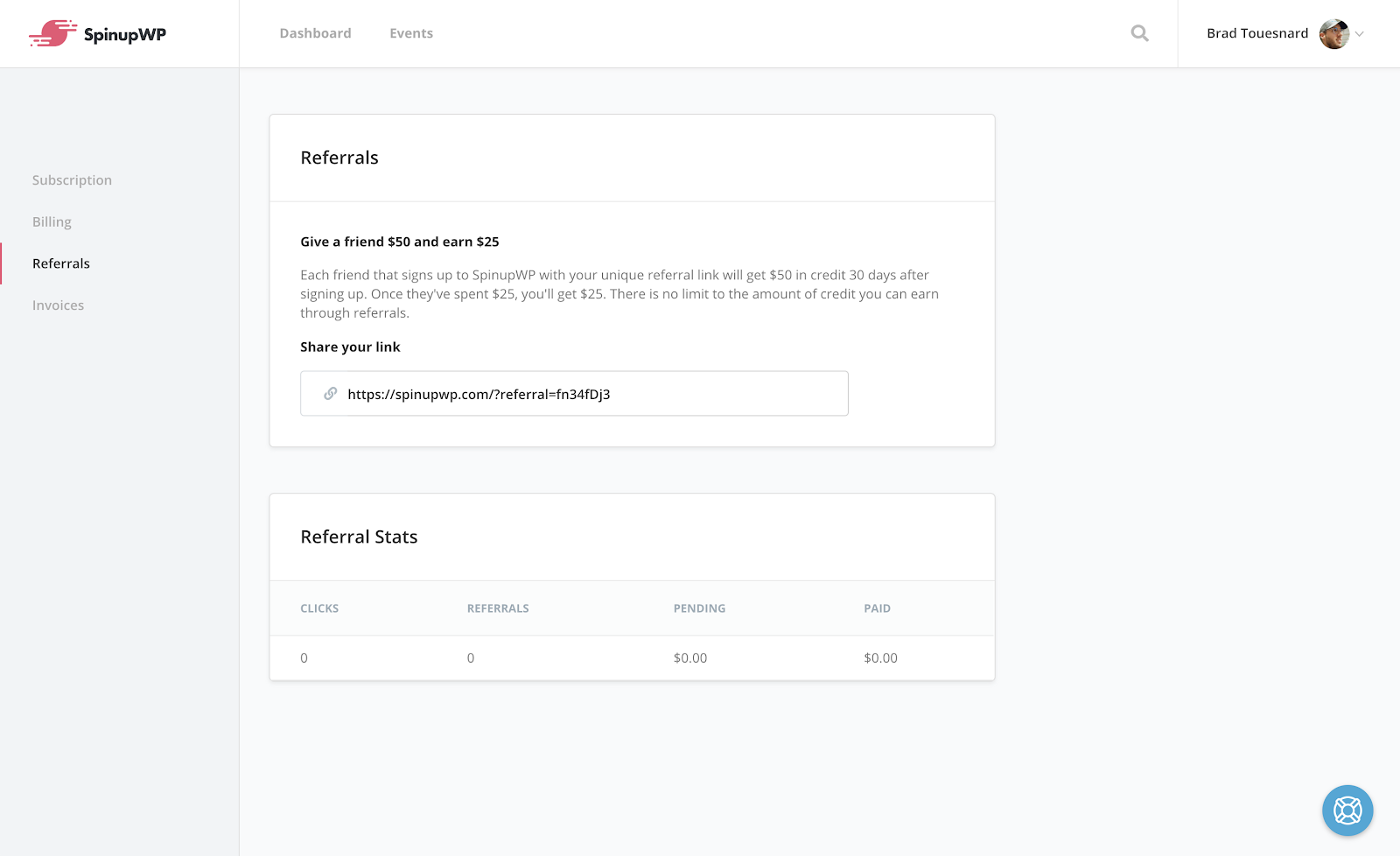 SpinupWP Referrals dashboard