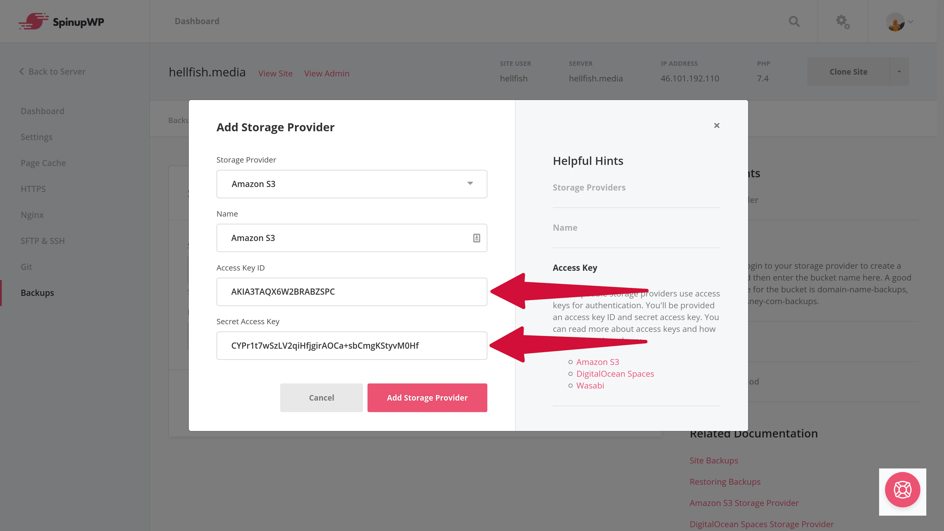 Amazon S3 Backup Access Keys