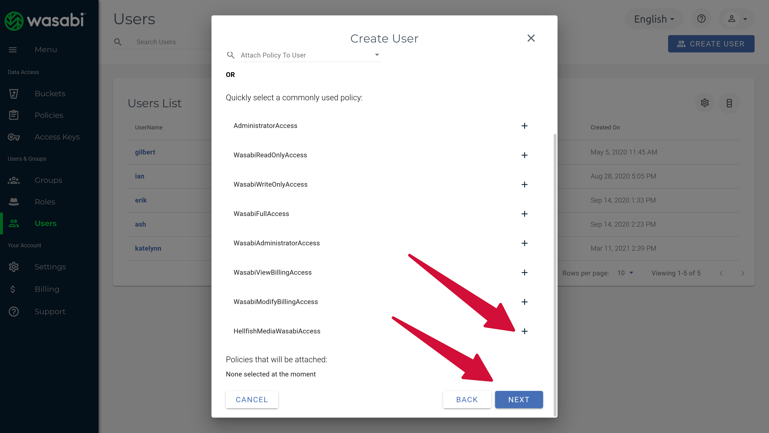 Wasabi Create User Attach Policy