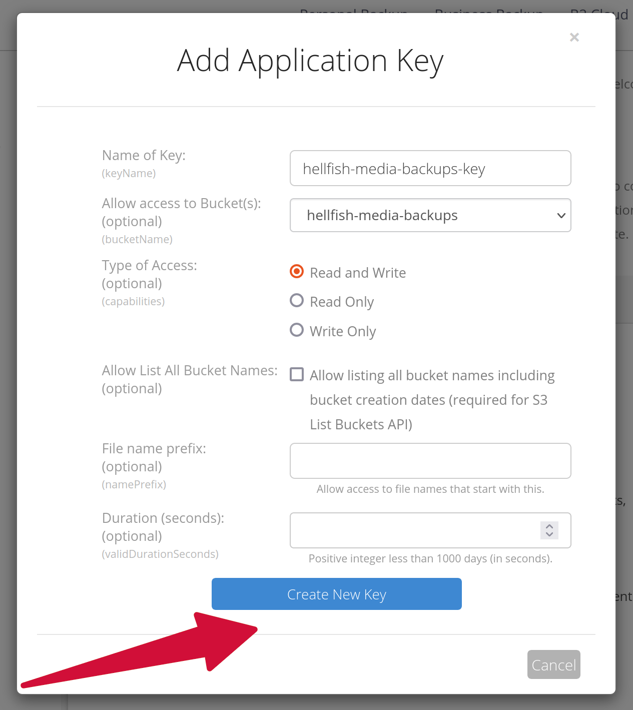 Backblaze Create a New Key