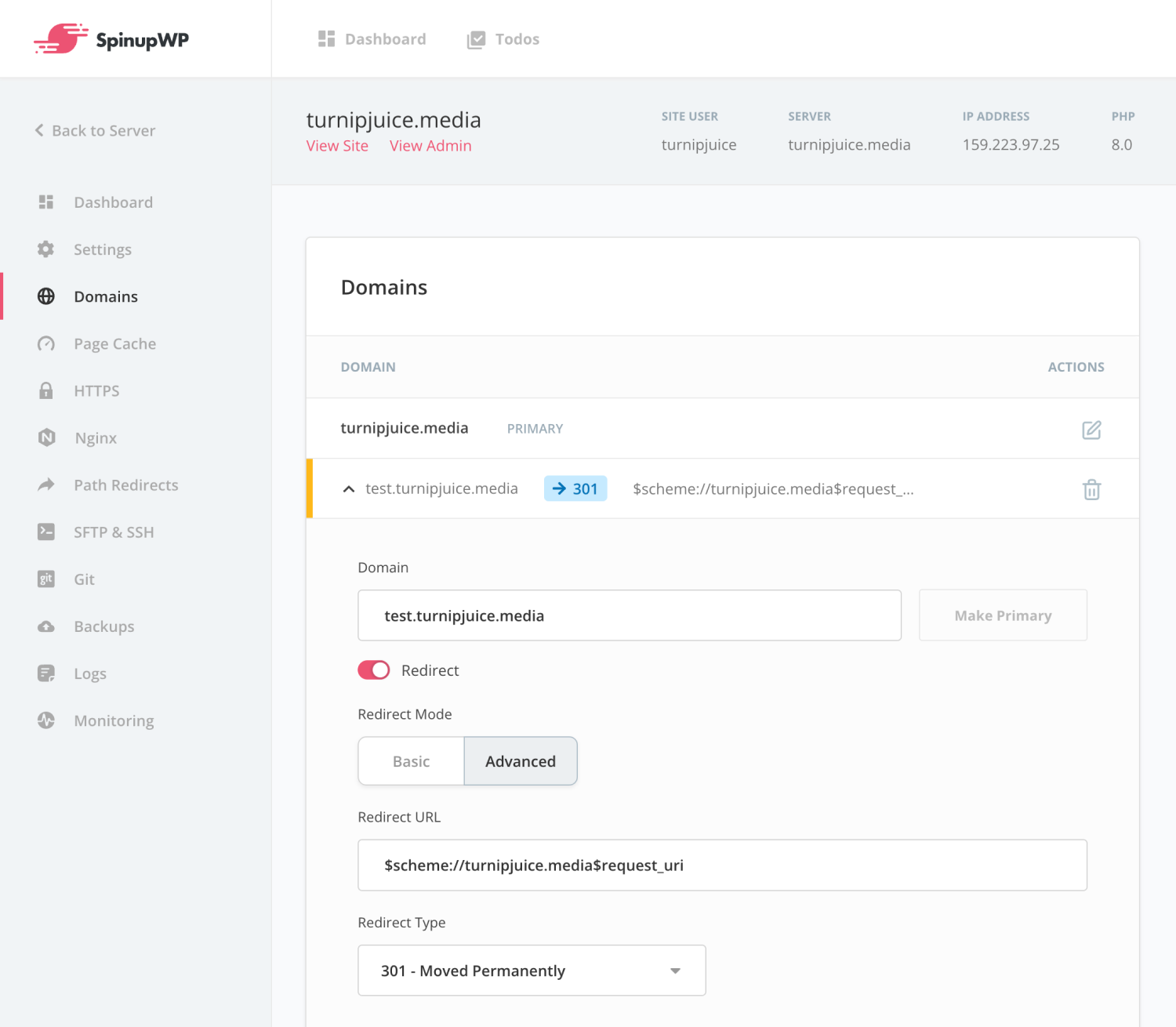 Setting up an Advanced redirect on a domain