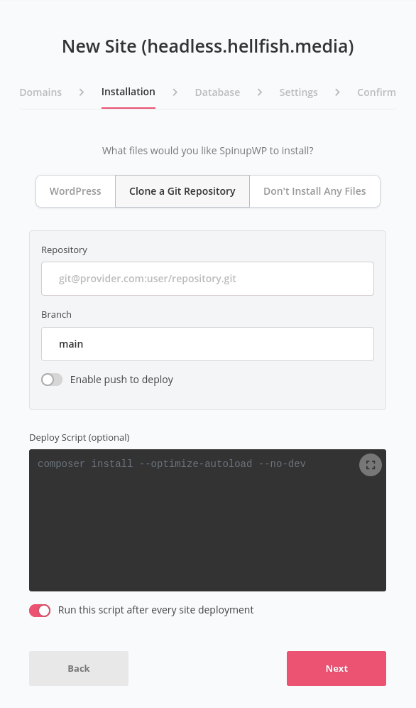 SpinupWP New Setup Wizard using Git Repository