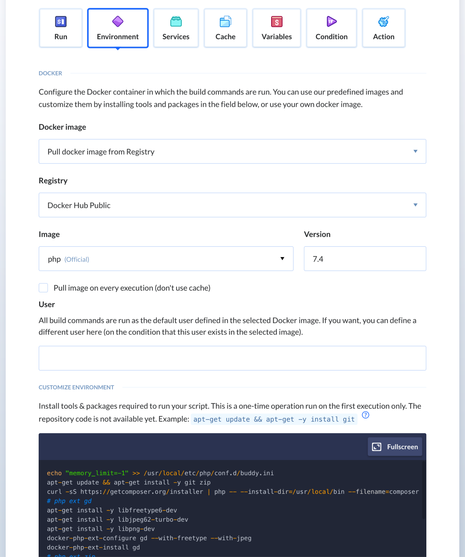 The Environment configuration settings in Buddy.