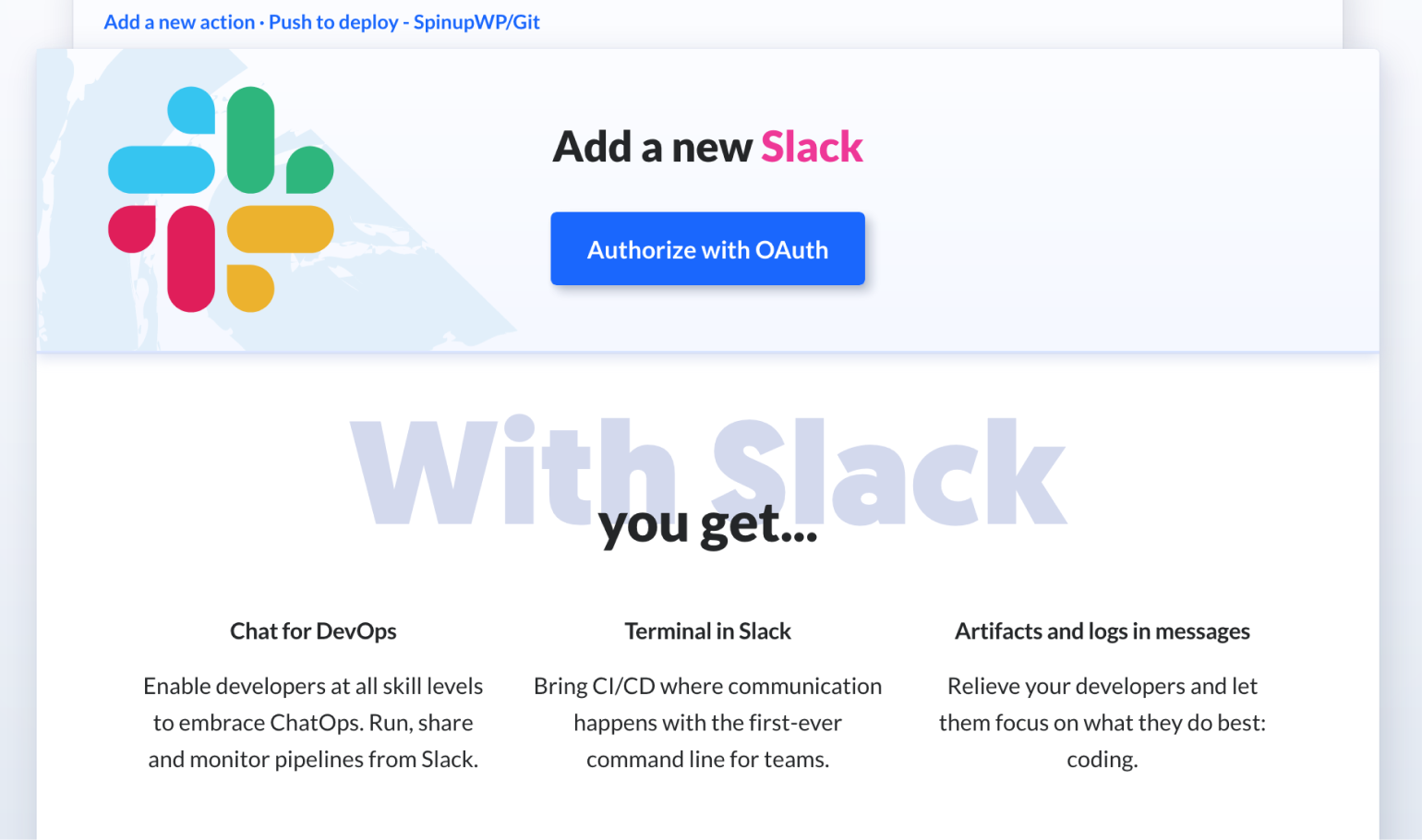 The Slack action within Buddy.