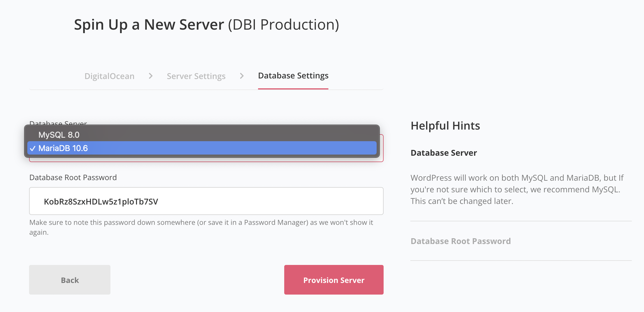 Screenshot of selecting MariaDB 10.6 when provisioning a server in SpinupWP.