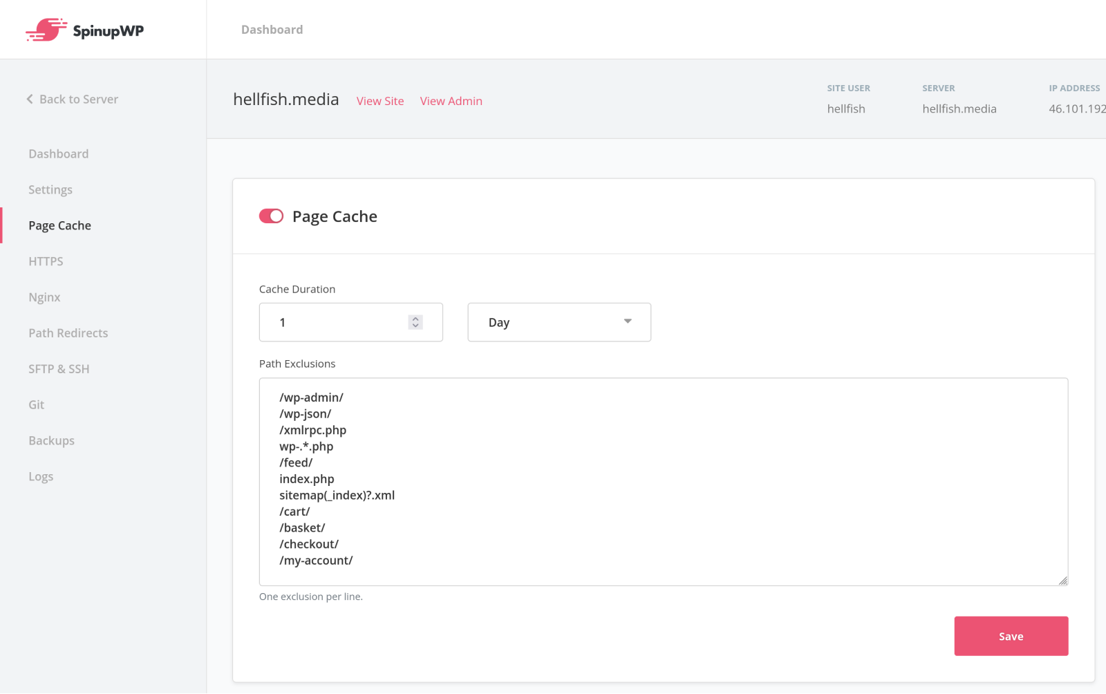 Page Cache Settings Page.