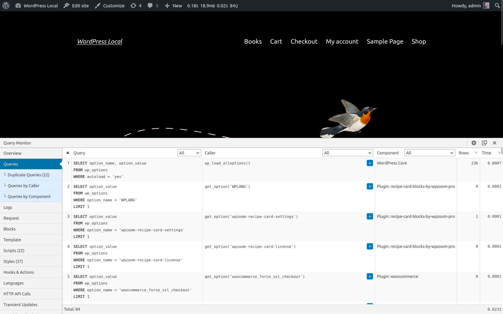 Query Monitor showing database queries.