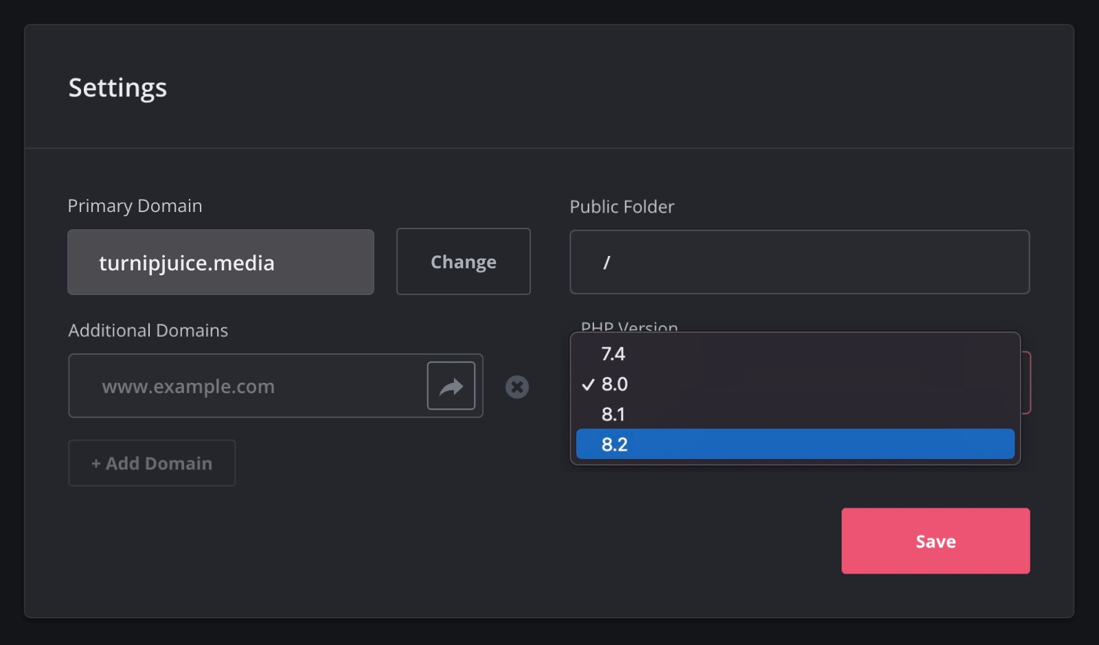 Drop down menu from SpinupWP showing PHP 8.2 as an available option