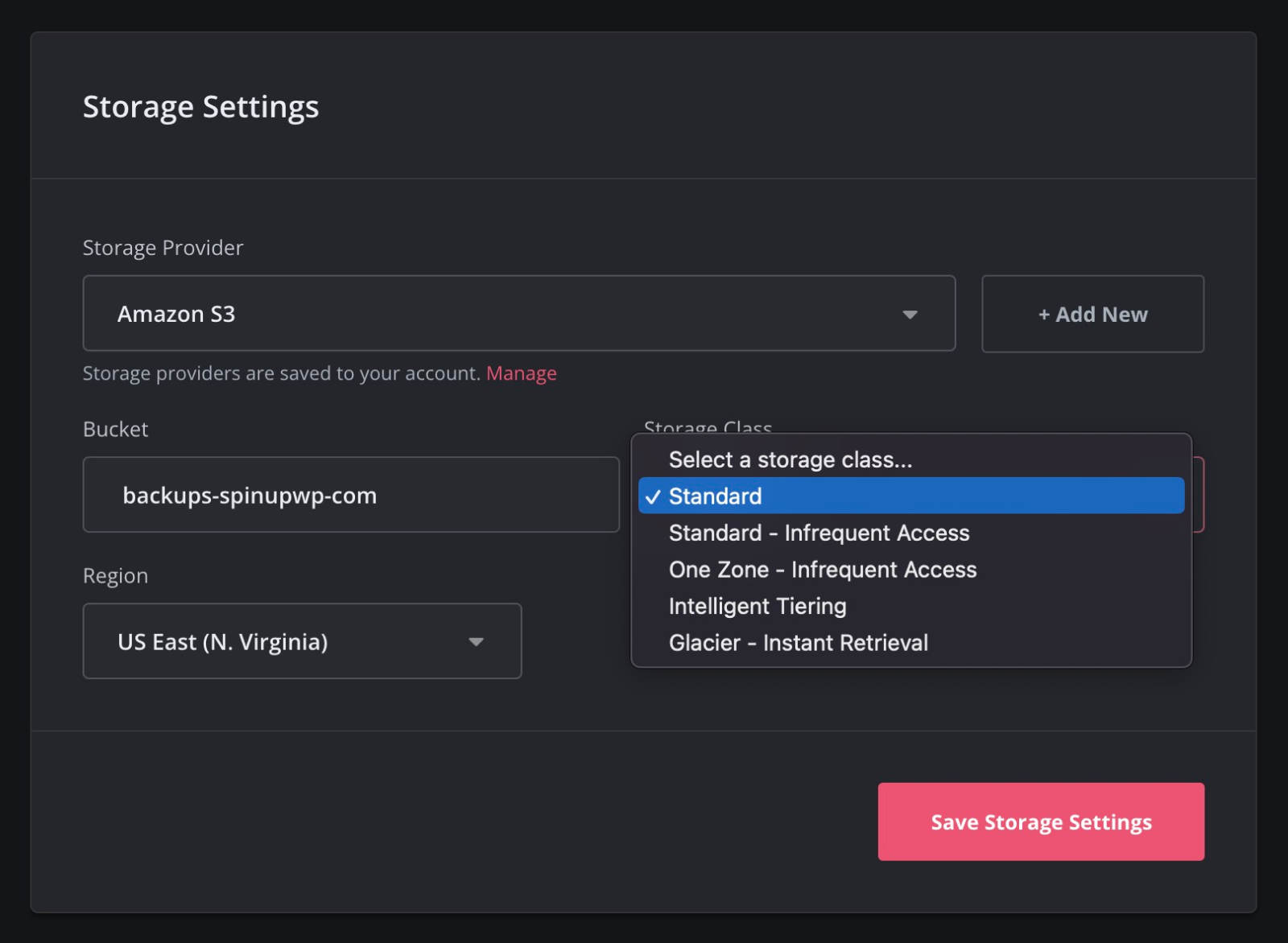 Select the storage class for site backups in the site storage provider settings