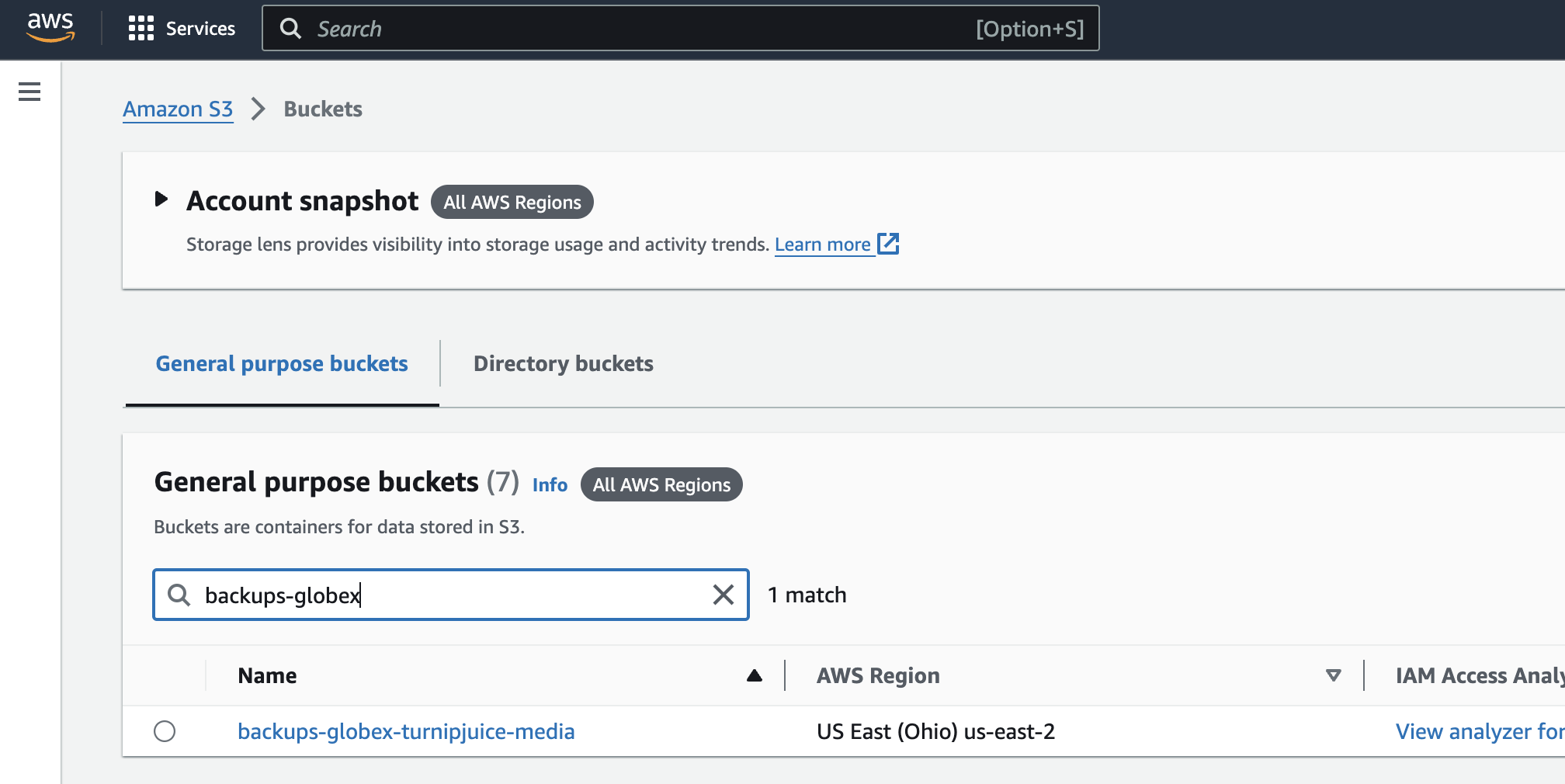 Search for bucket name in S3.