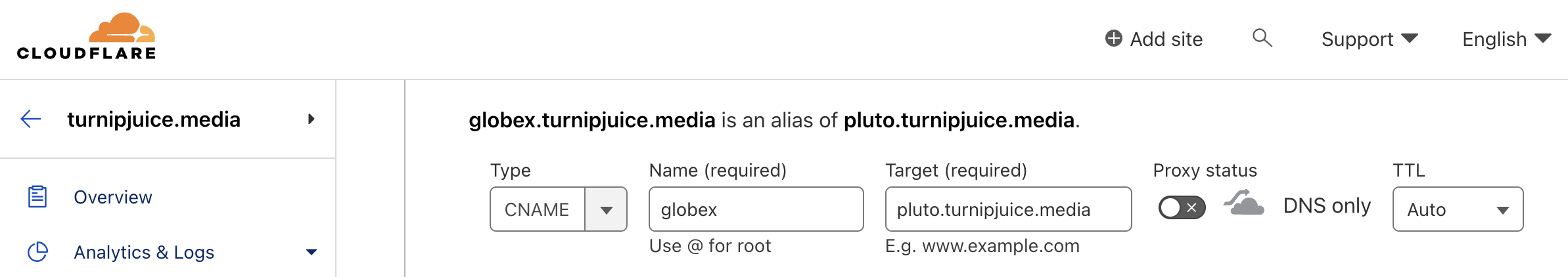 Screenshot of adding CNAME to Cloudflare DNS.