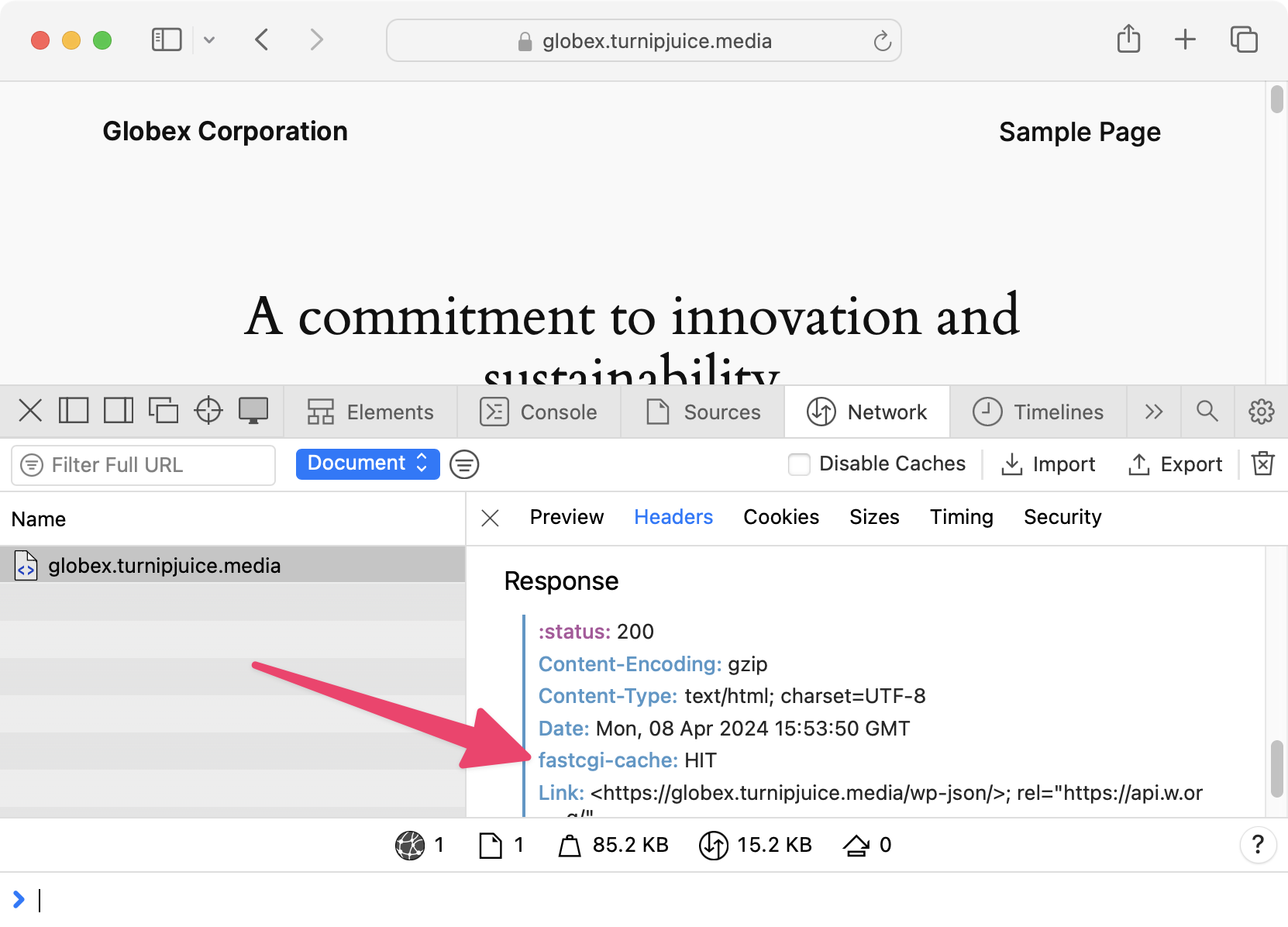 Screenshot of Web Inspector showing response headers.