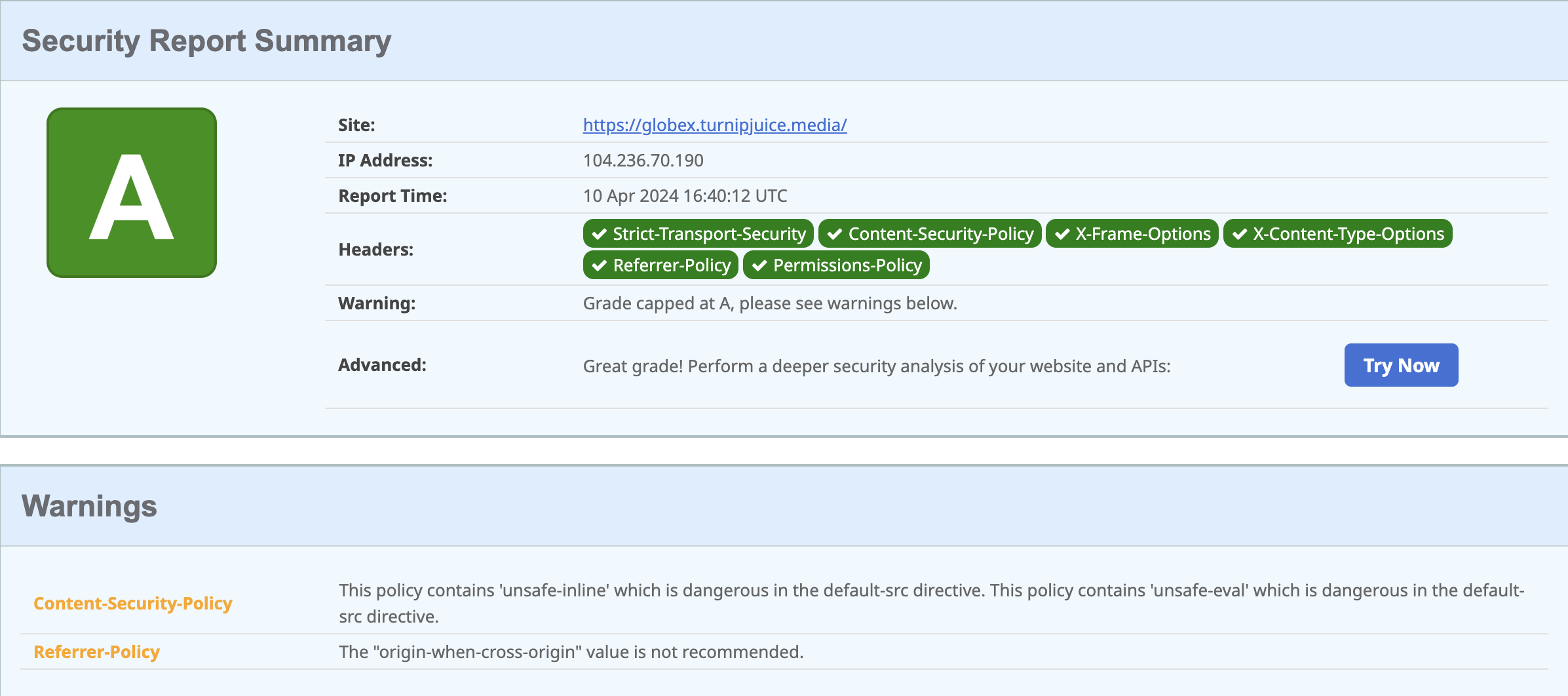 Screenshot of security headers scan showing A grade.