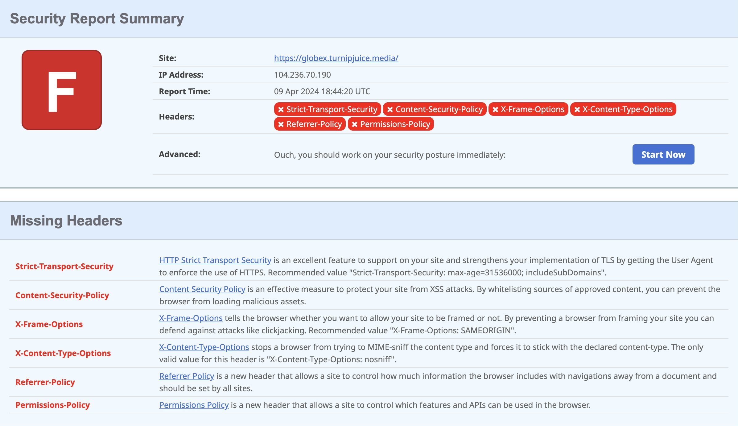 Screenshot of security headers scan showing F grade.