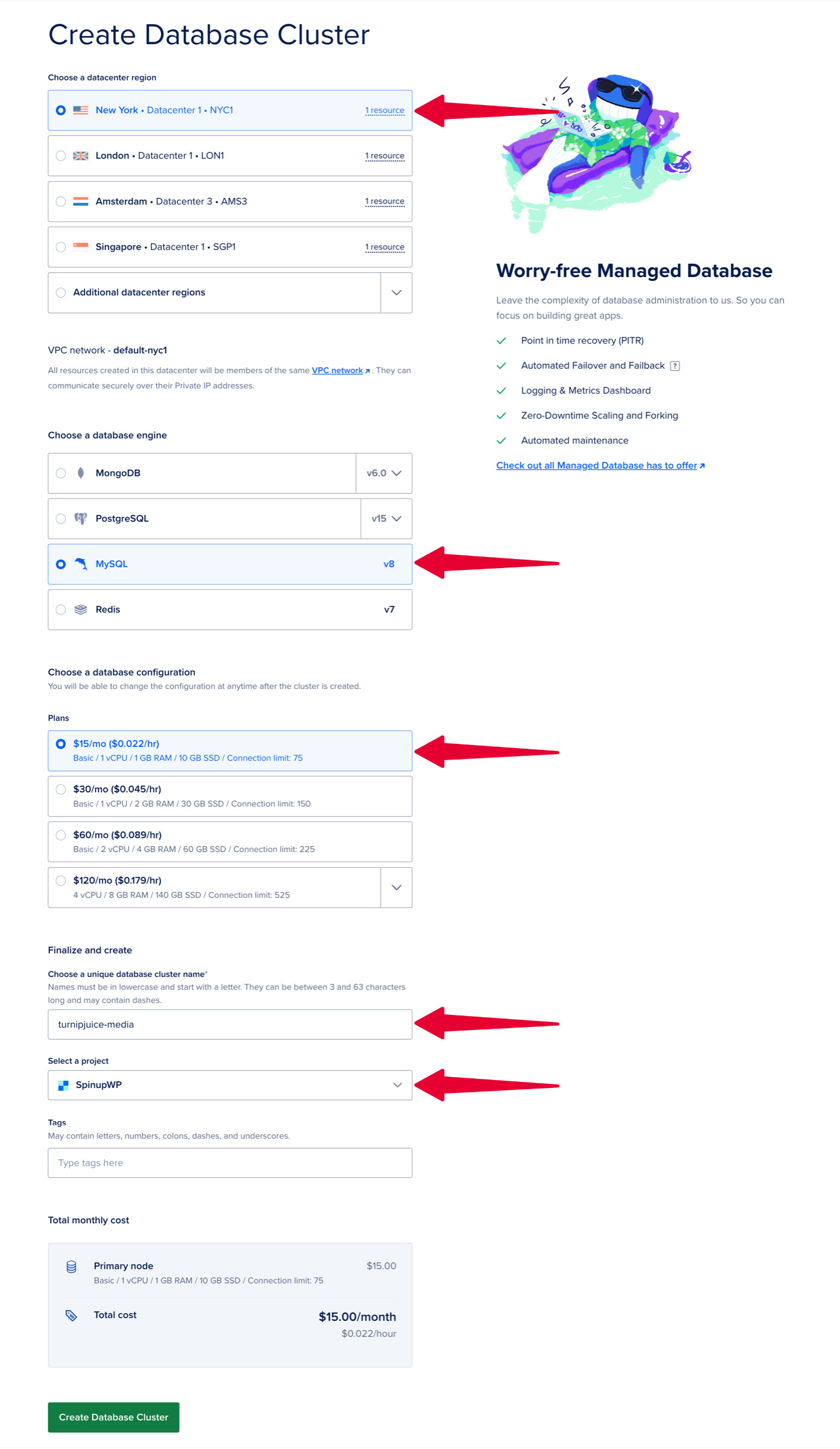 DigitalOcean finalize database cluster.