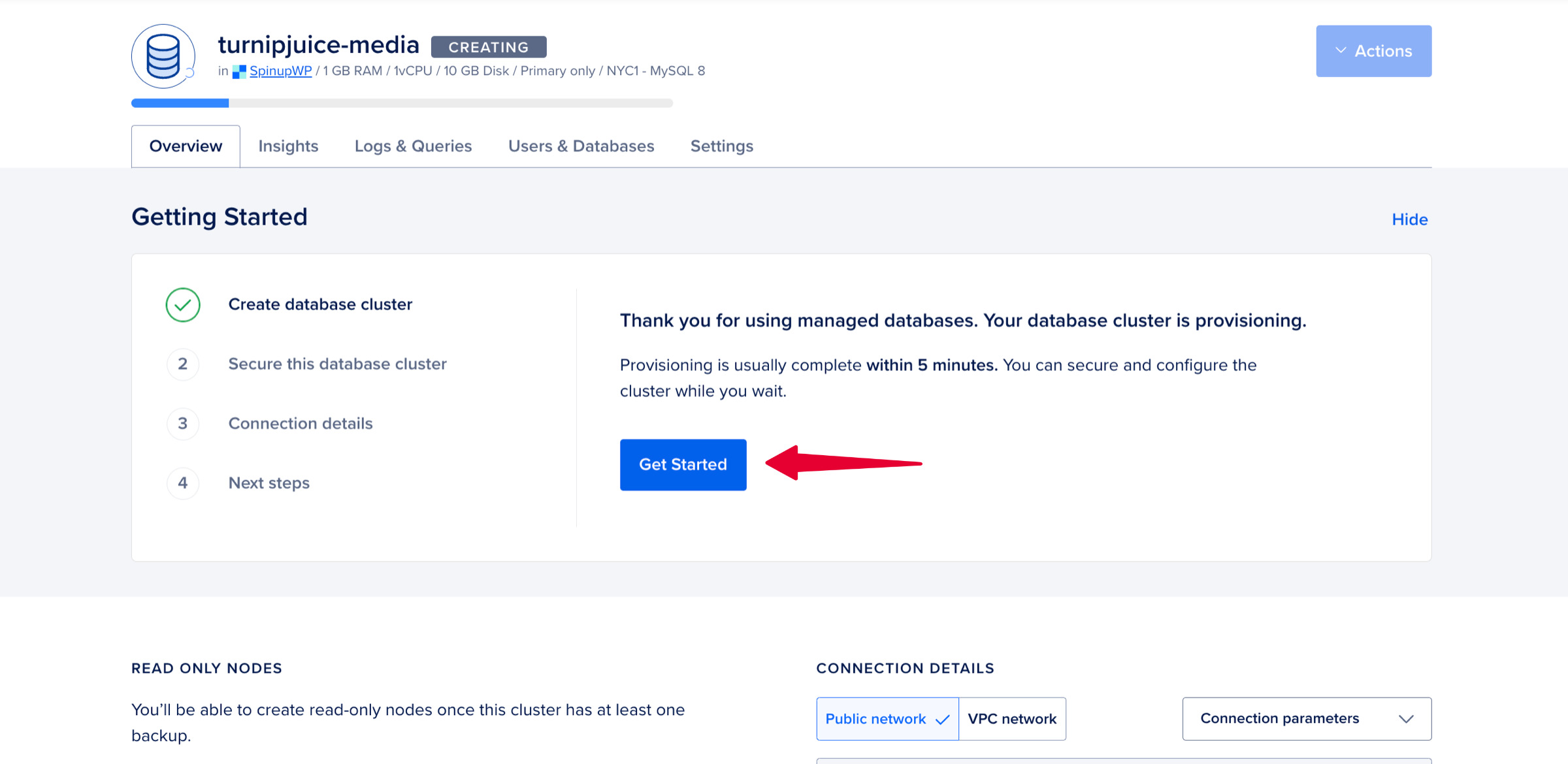 DigitalOcean new database cluster wizard