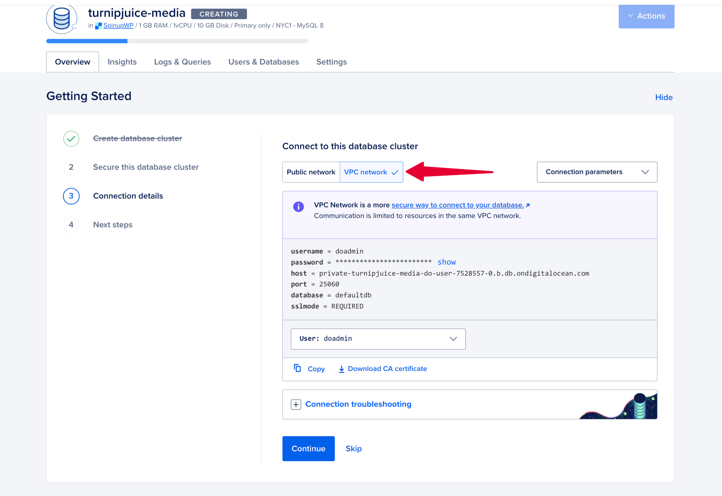 DigitalOcean database cluster connections.