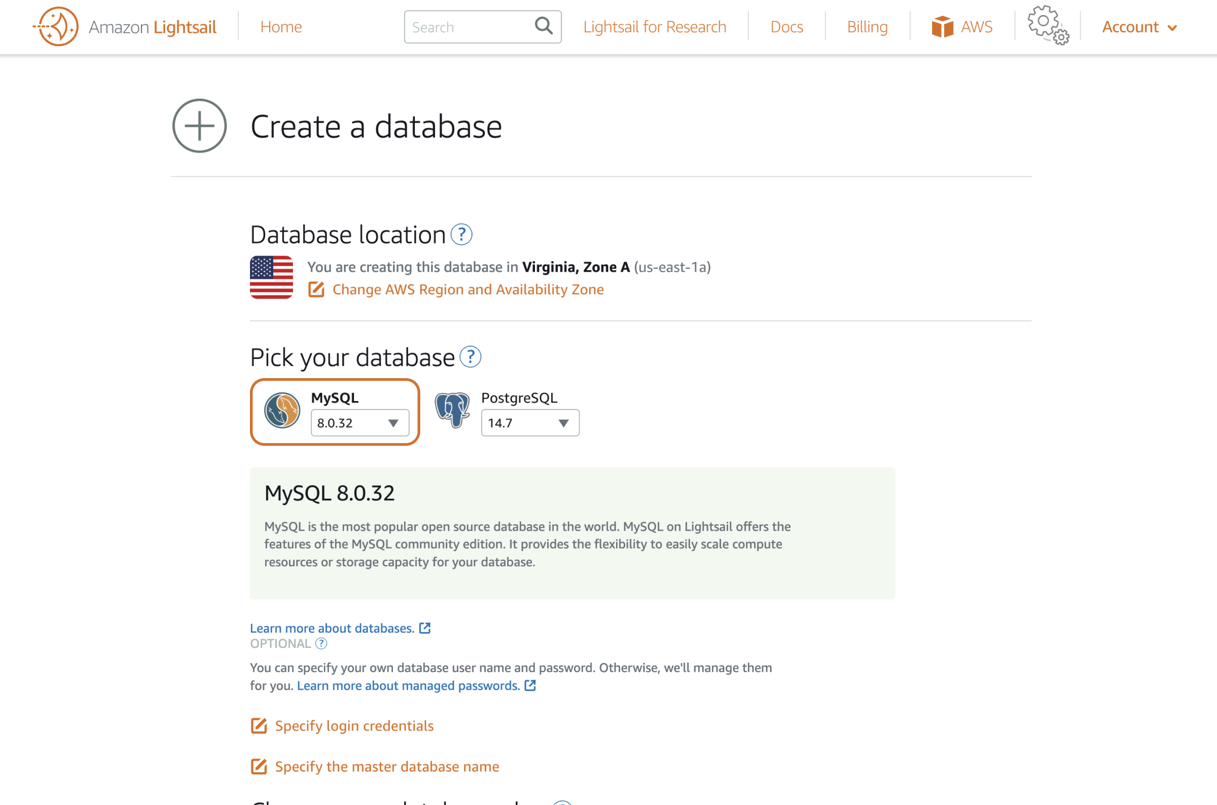 Amazon Lightsail create database.