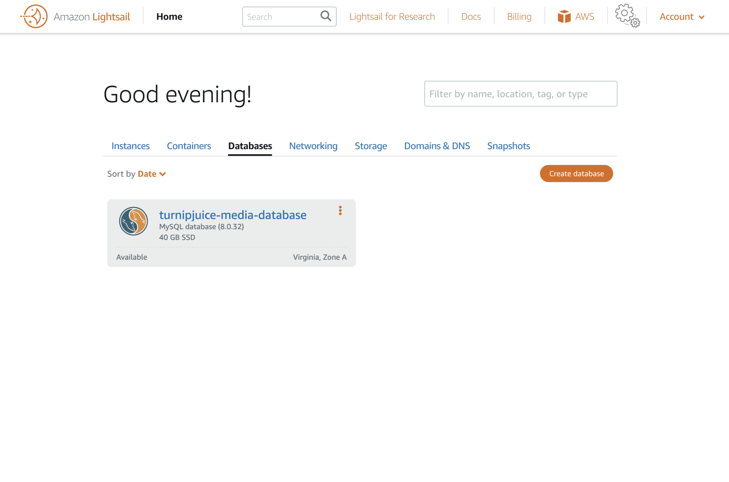 Amazon Lightsail database created.