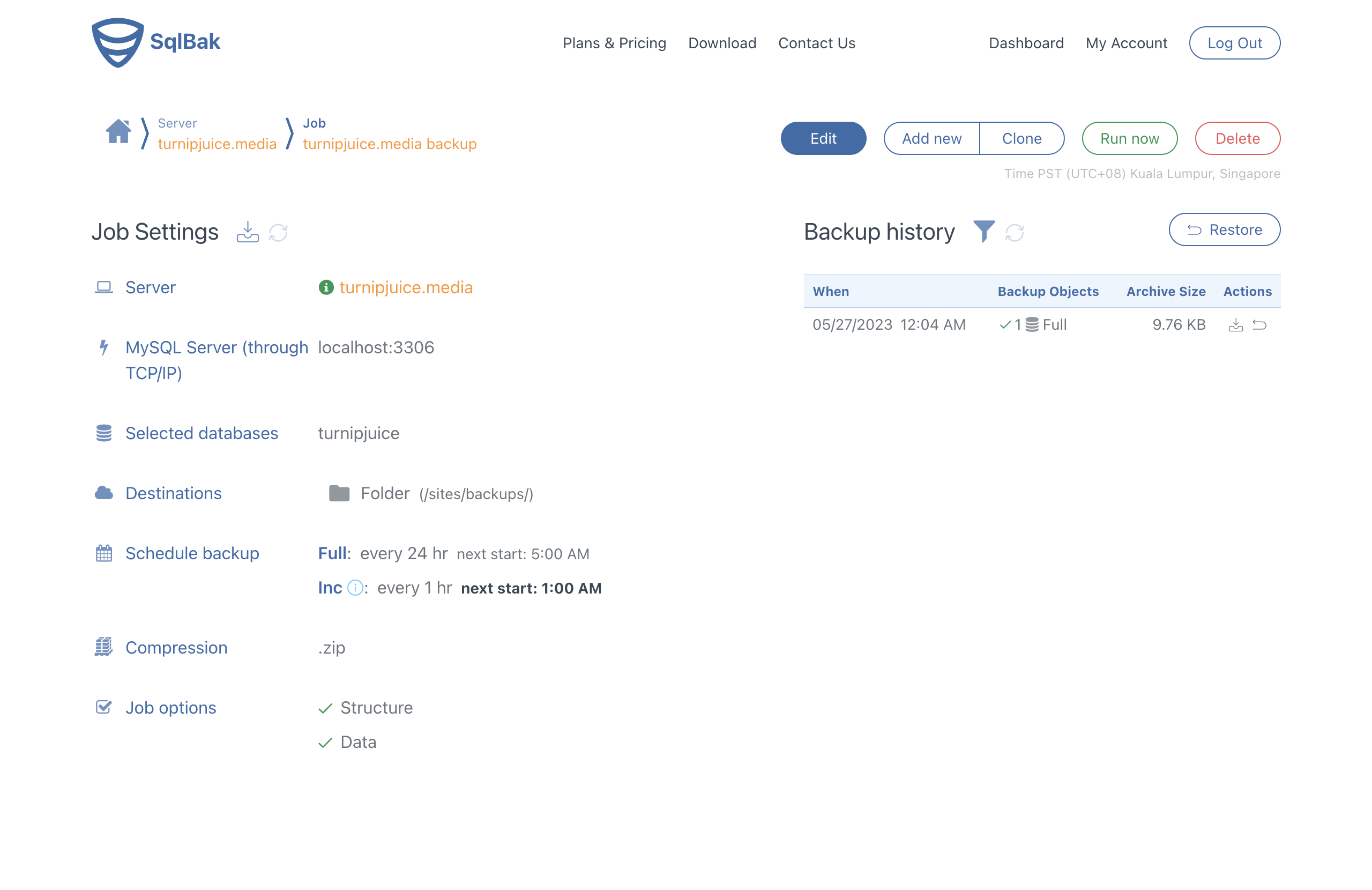 SqlBak job history.