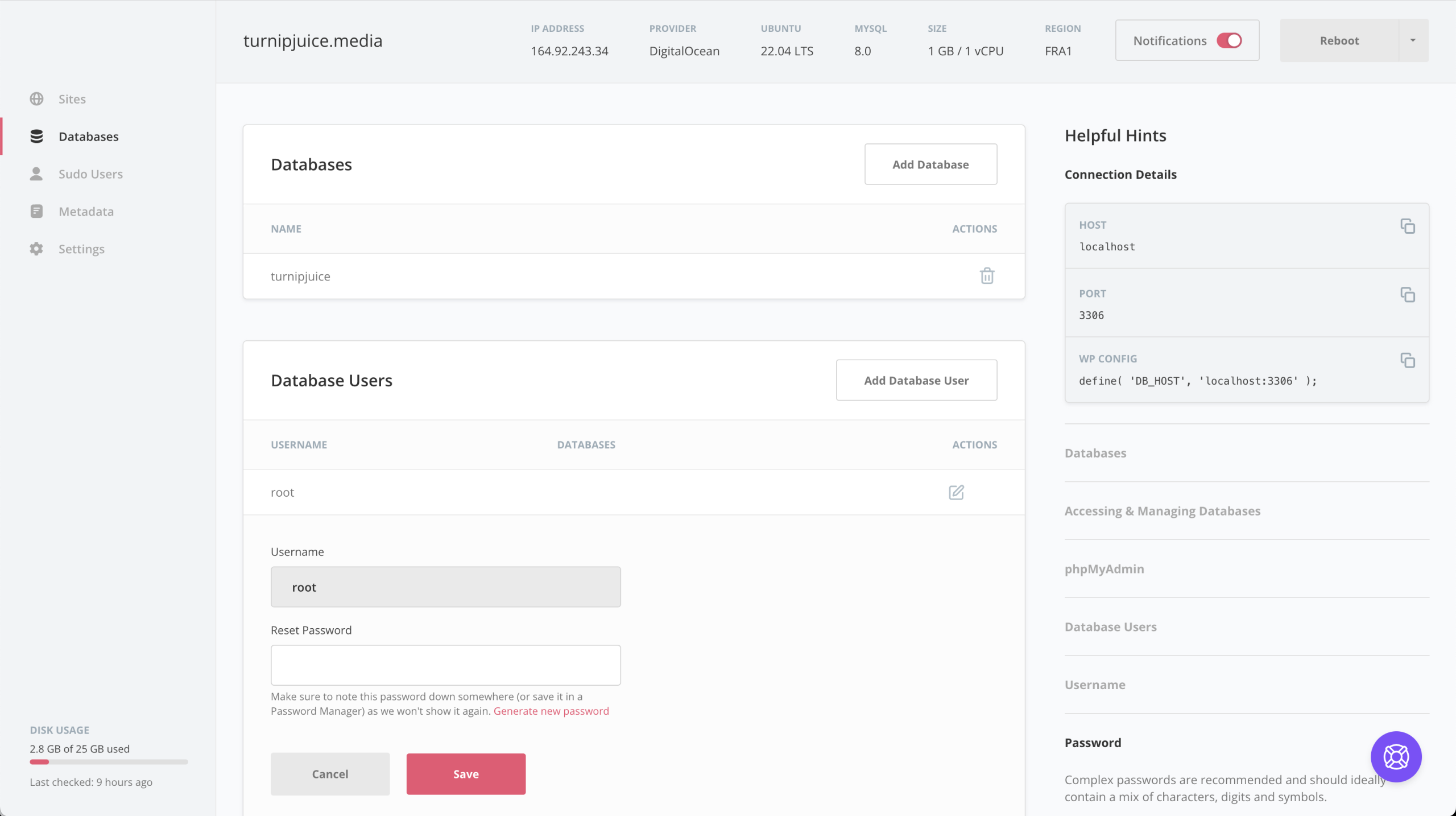 SpinupWP Databases showing root user.