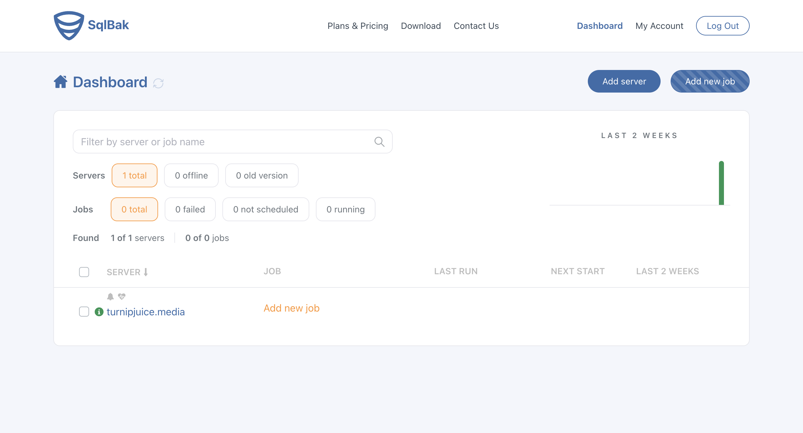 SqlBak dashboard with server added.