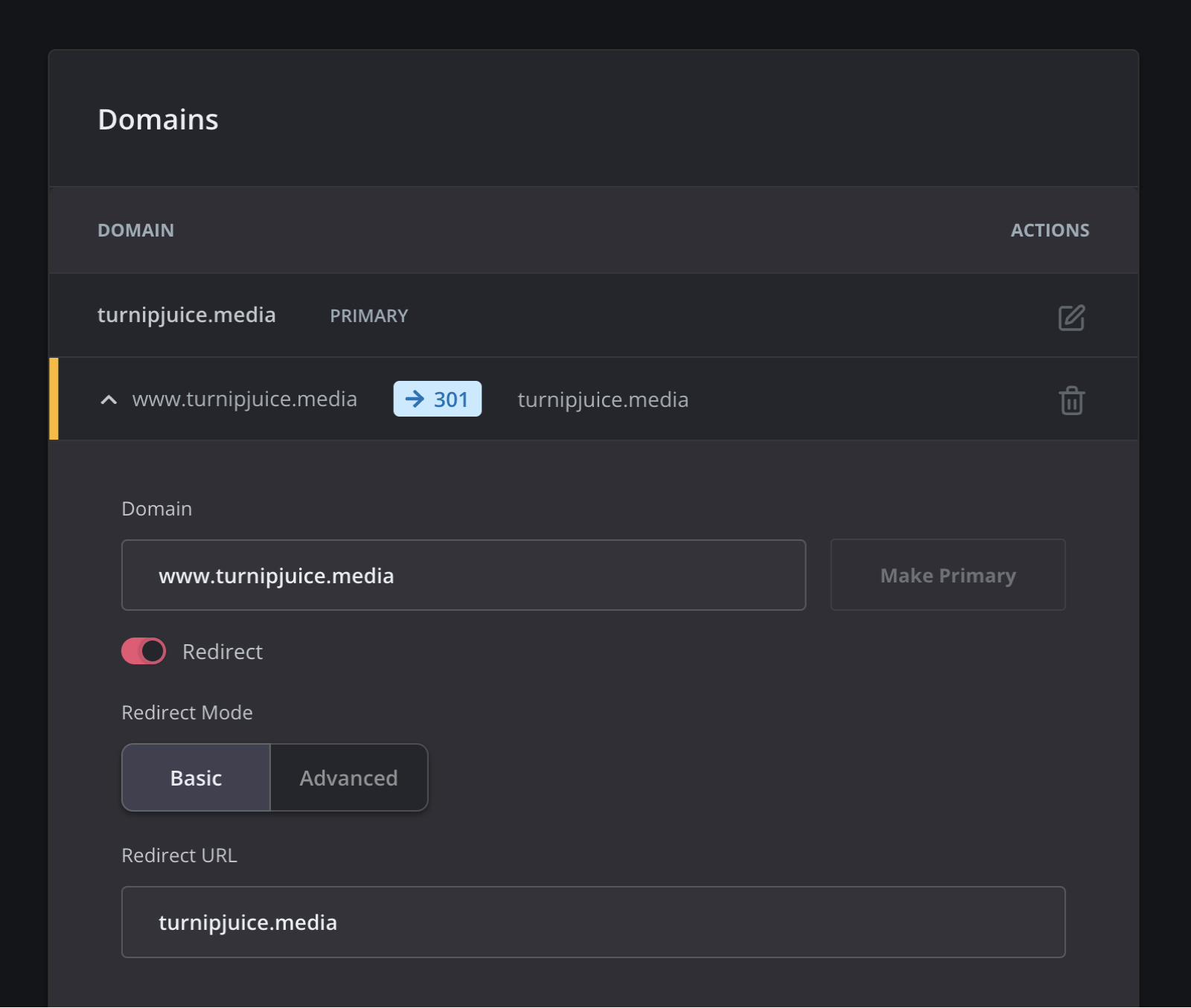 Advanced domain redirects basic mode