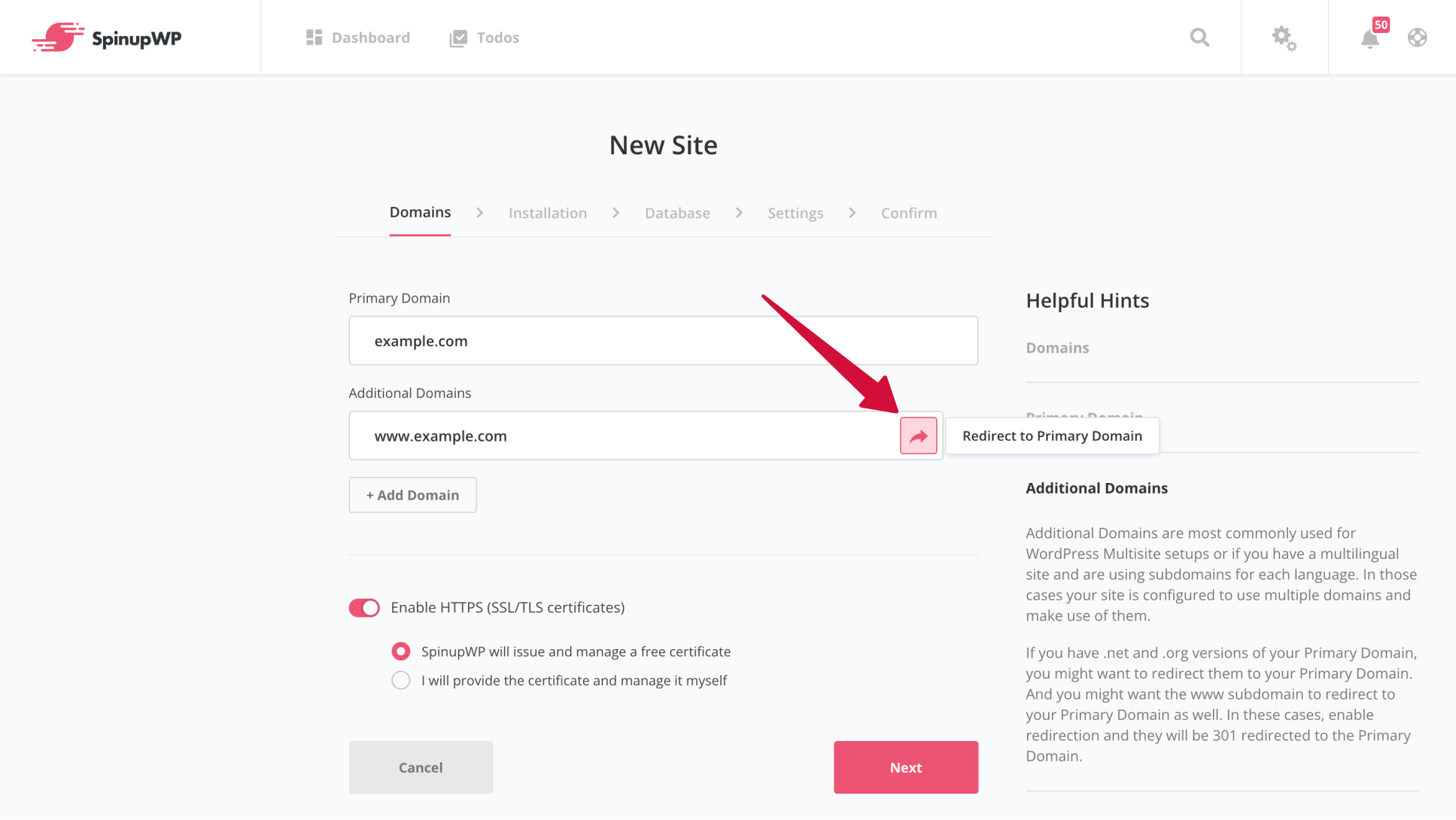 Redirect to Primary Domain toggle