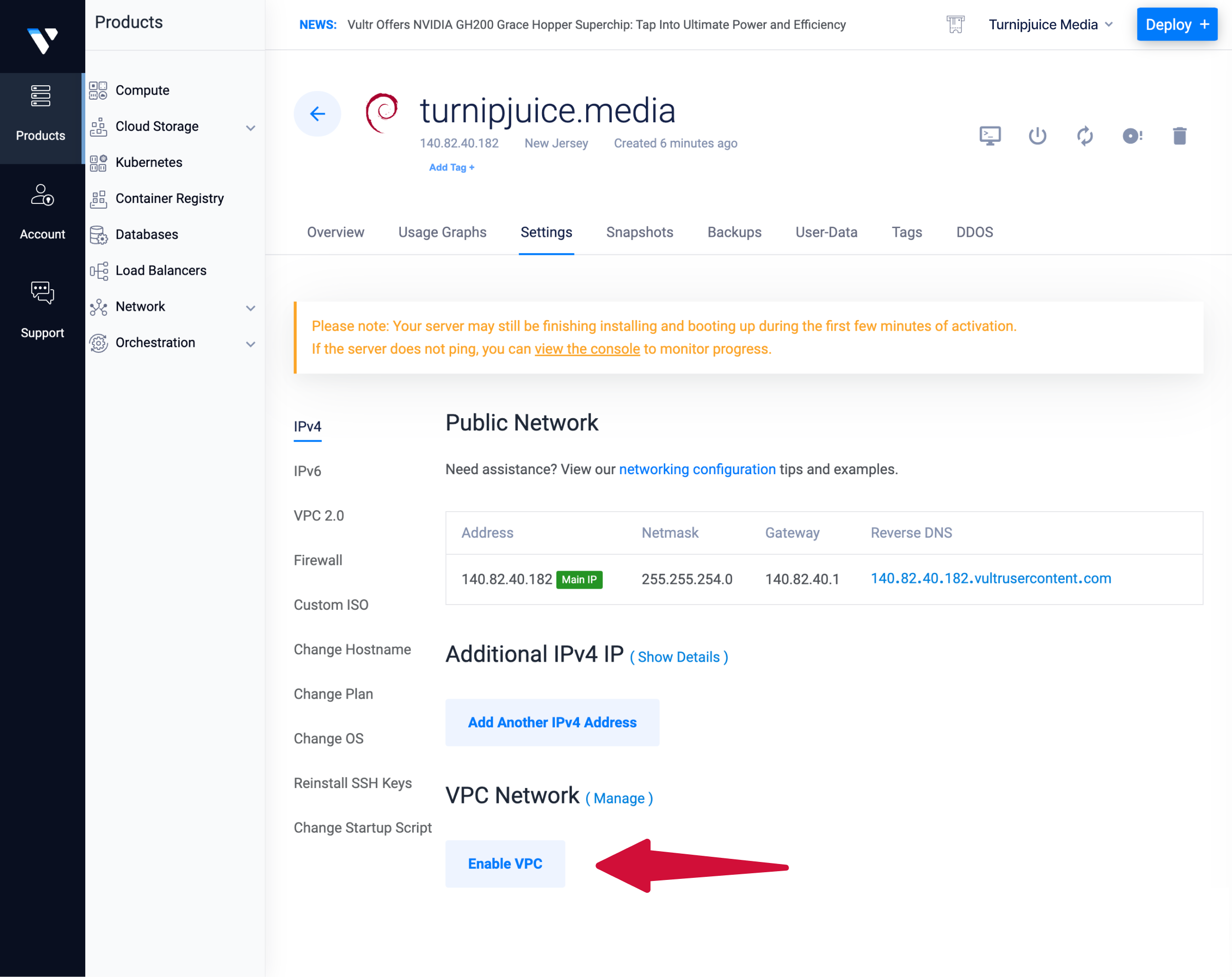 Enable VPC in the IPv4 sub-tab