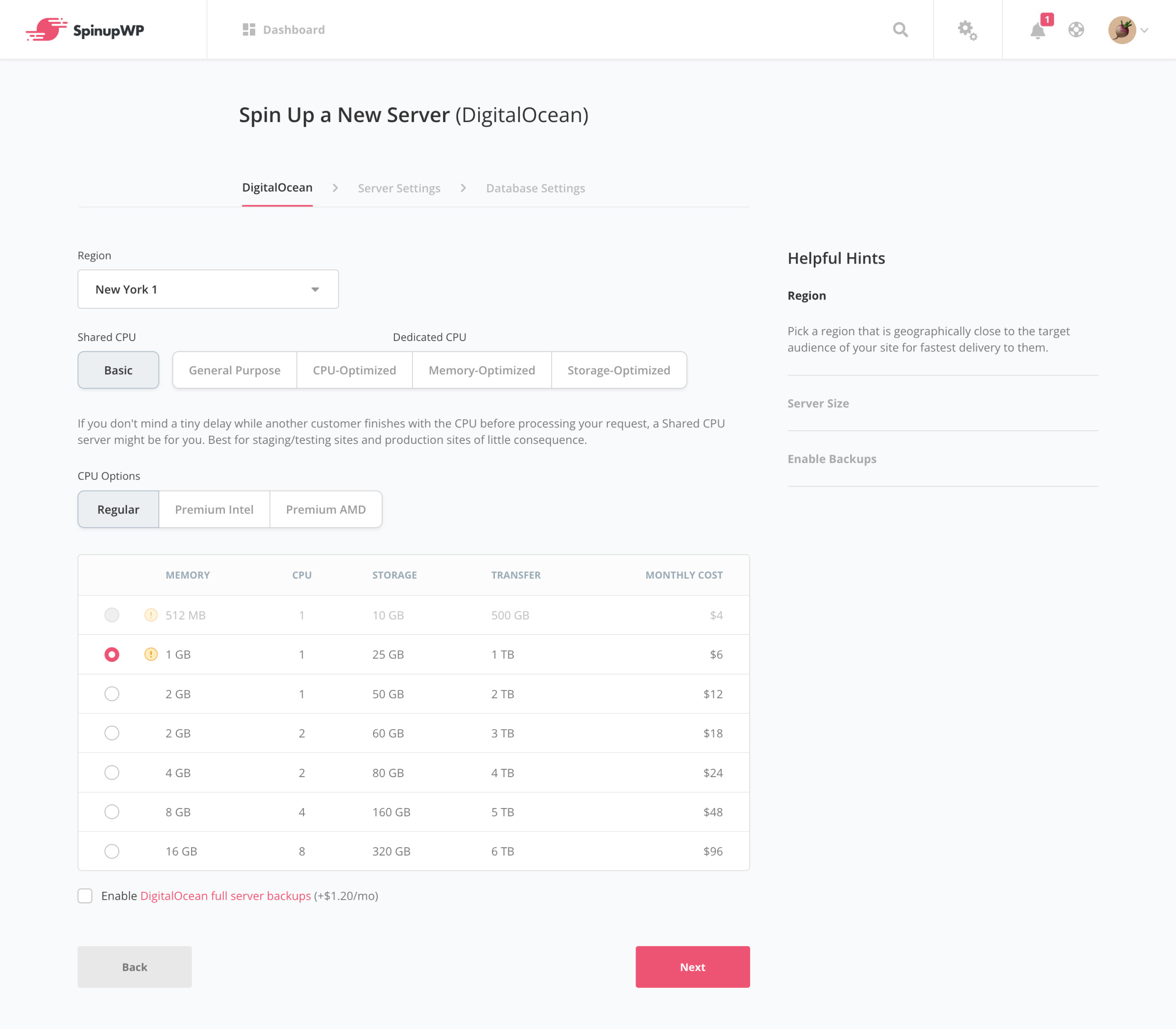 digitalocean server options screen