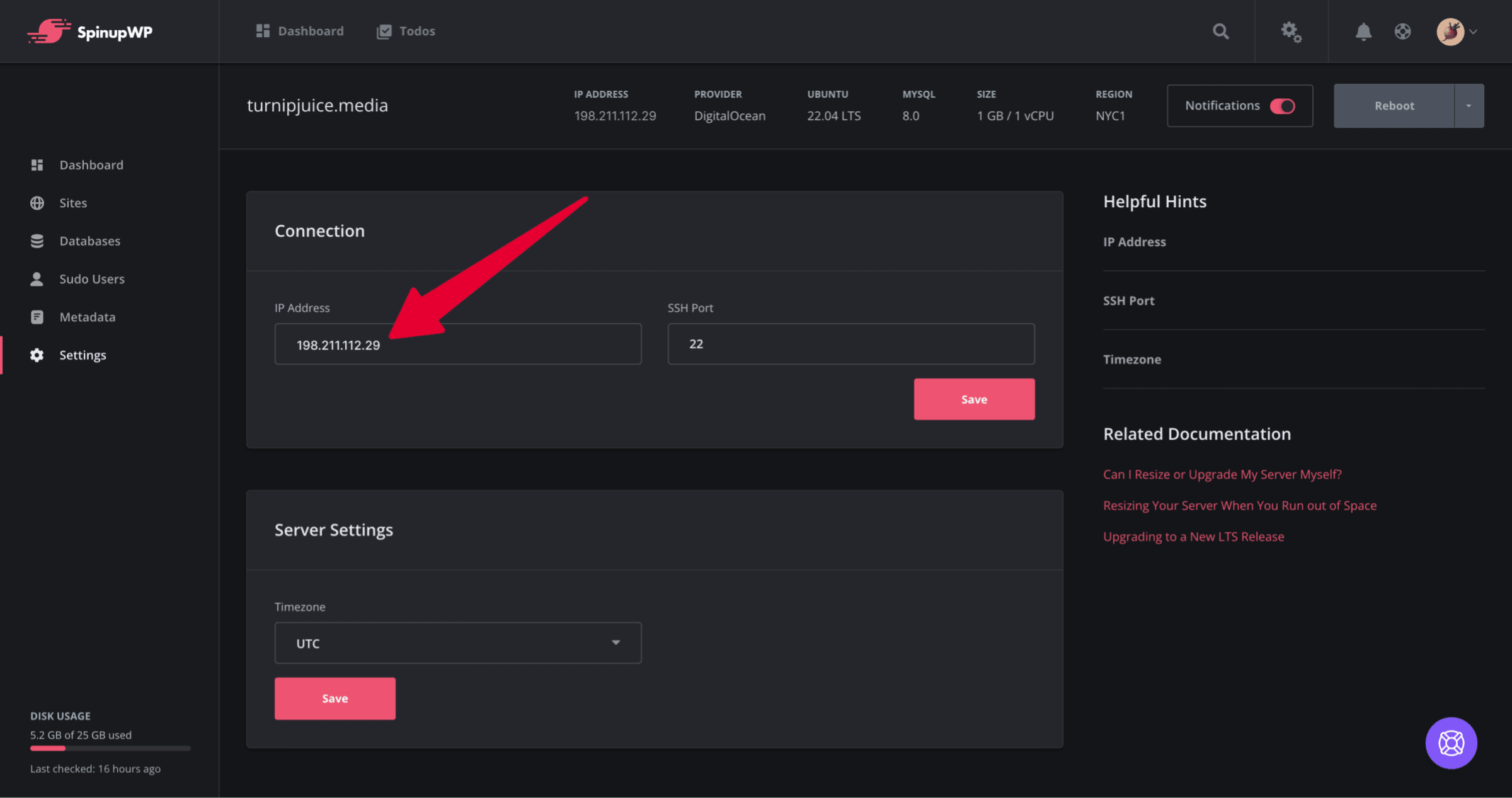 verify the ip address on the server settings tab