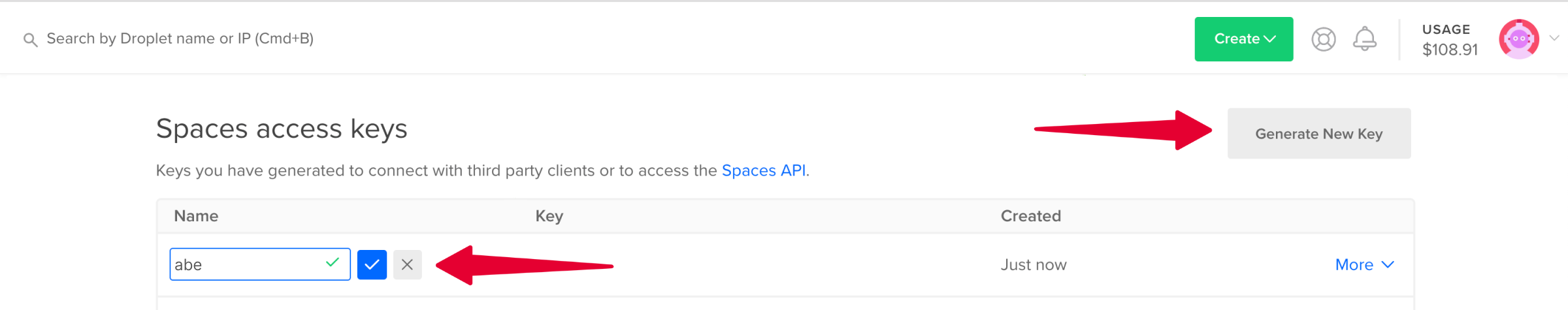 DigitalOcean Spaces Access Keys