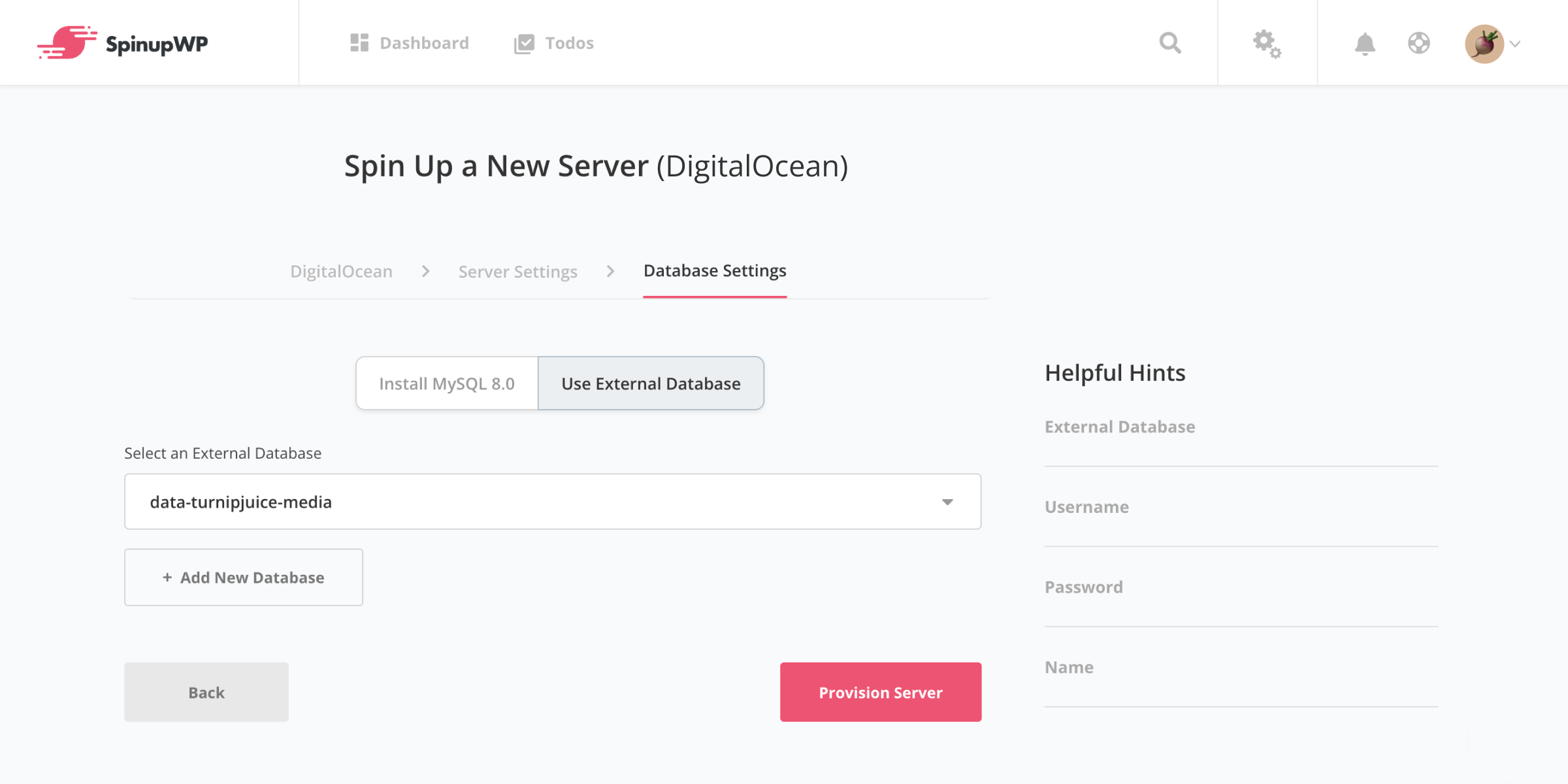 Select external database.