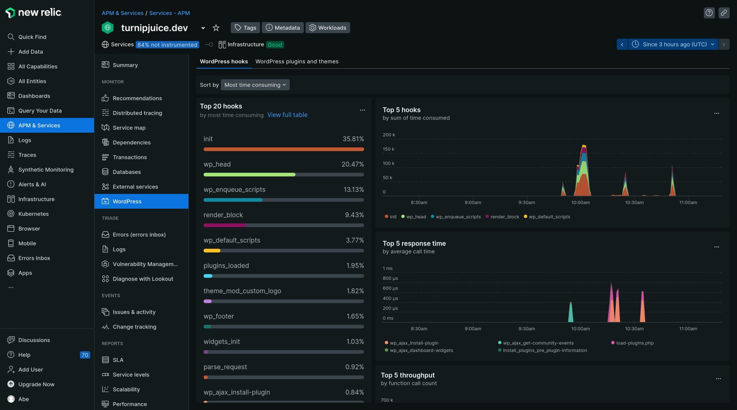 New Relic WordPress hooks, plugins and themes screen