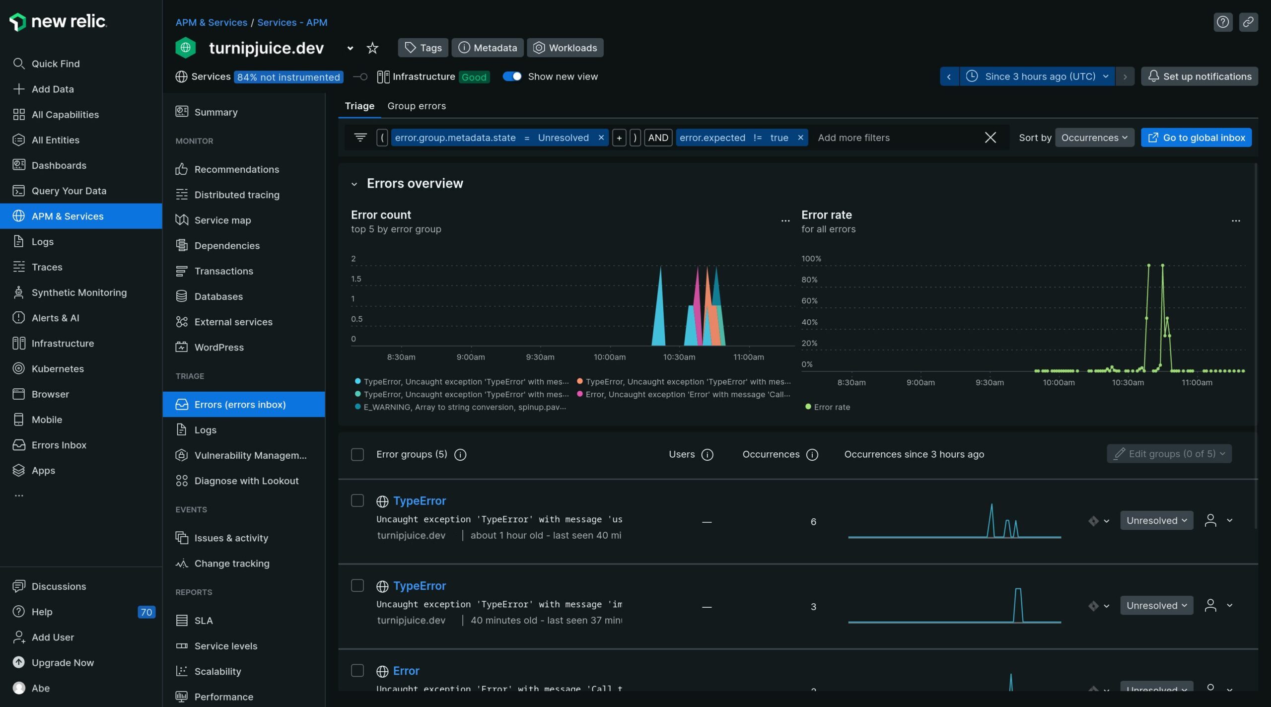 New Relic errors inbox, a place to aggregate errors coming from your site