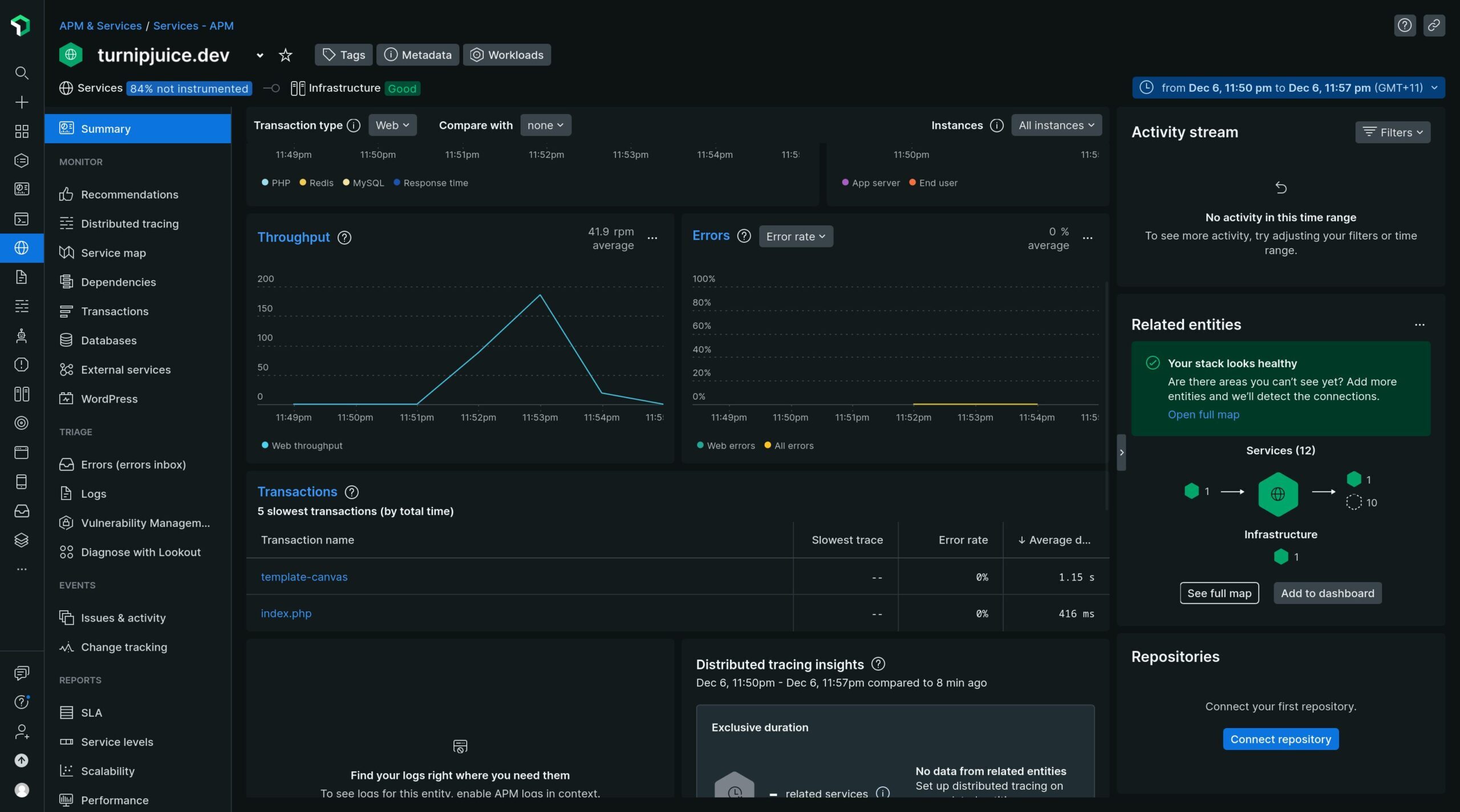 New Relic summary page where you should start investigating transactions