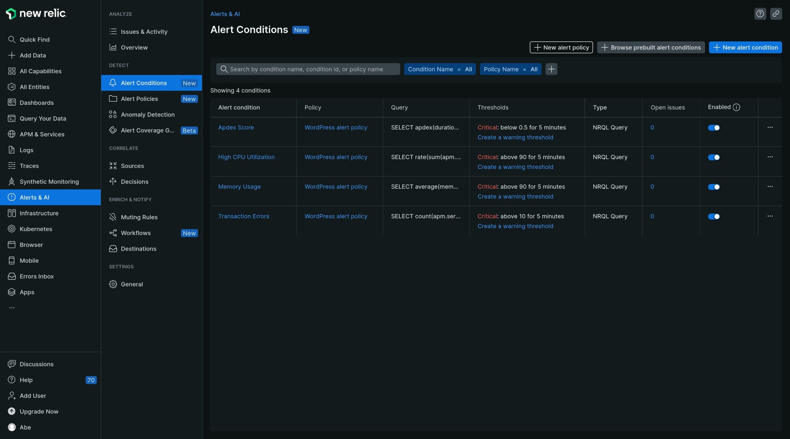 New Relic screen showing alert conditions