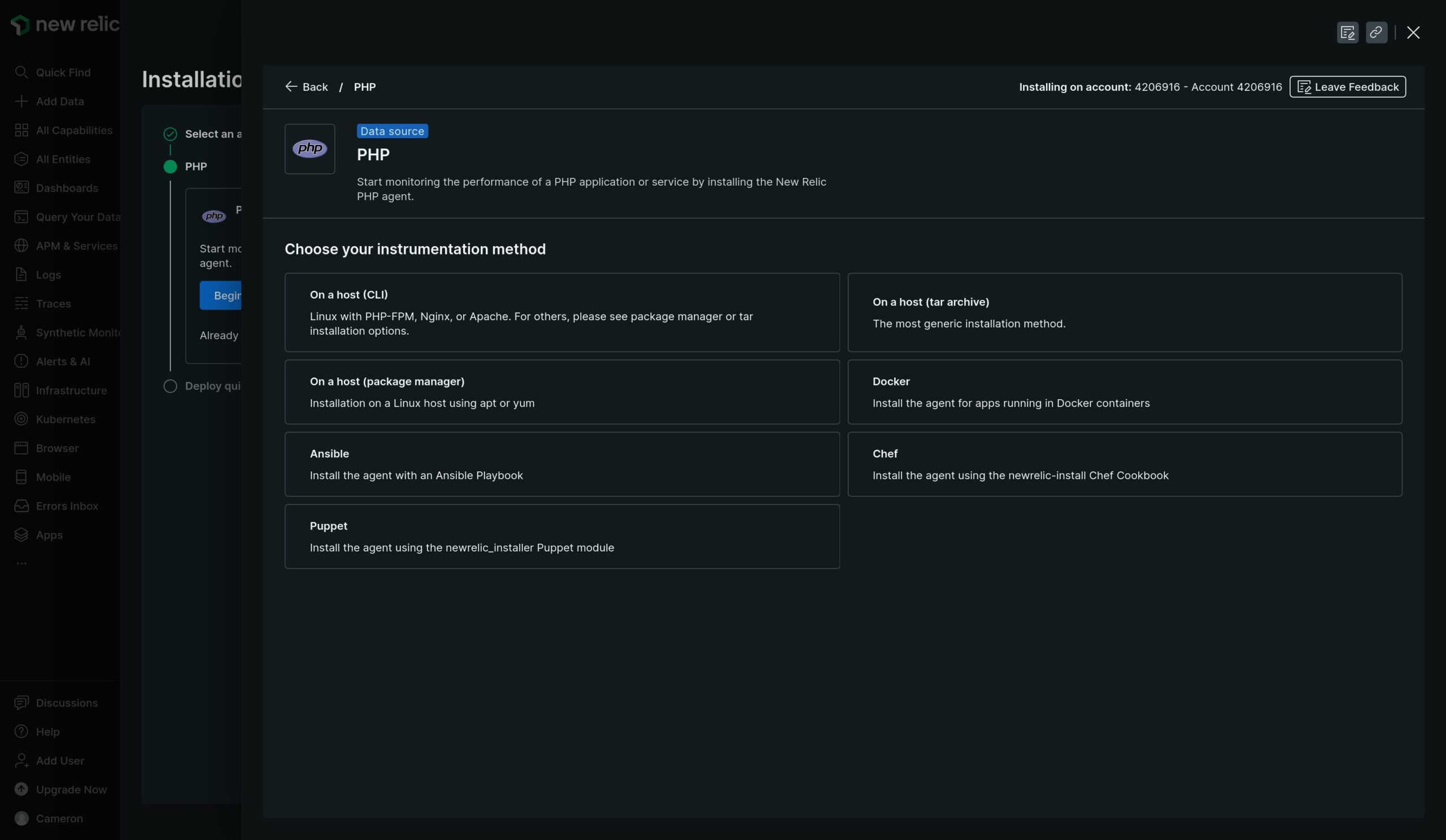 New Relic PHP Data source screen showing several methods for PHP