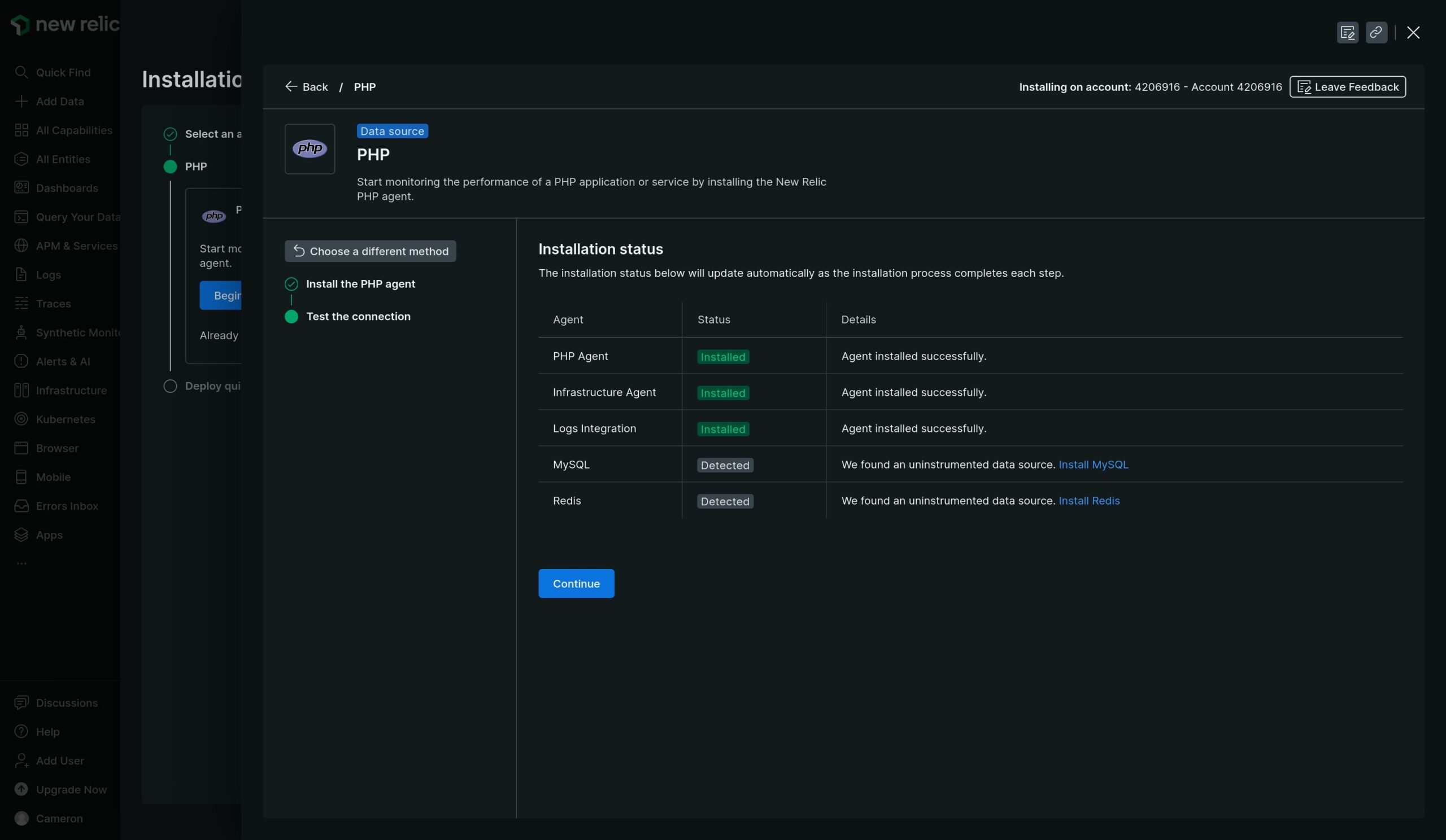 New Relic screen where you can test that the PHP data source is configured correctly