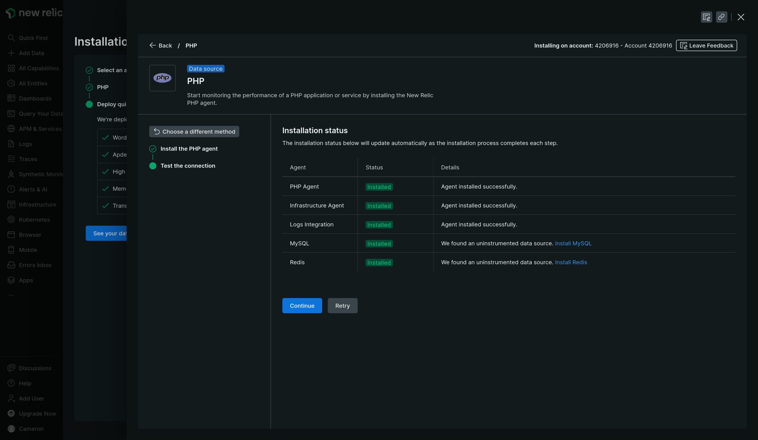 New Relic data source screen showing installatio status for all agents