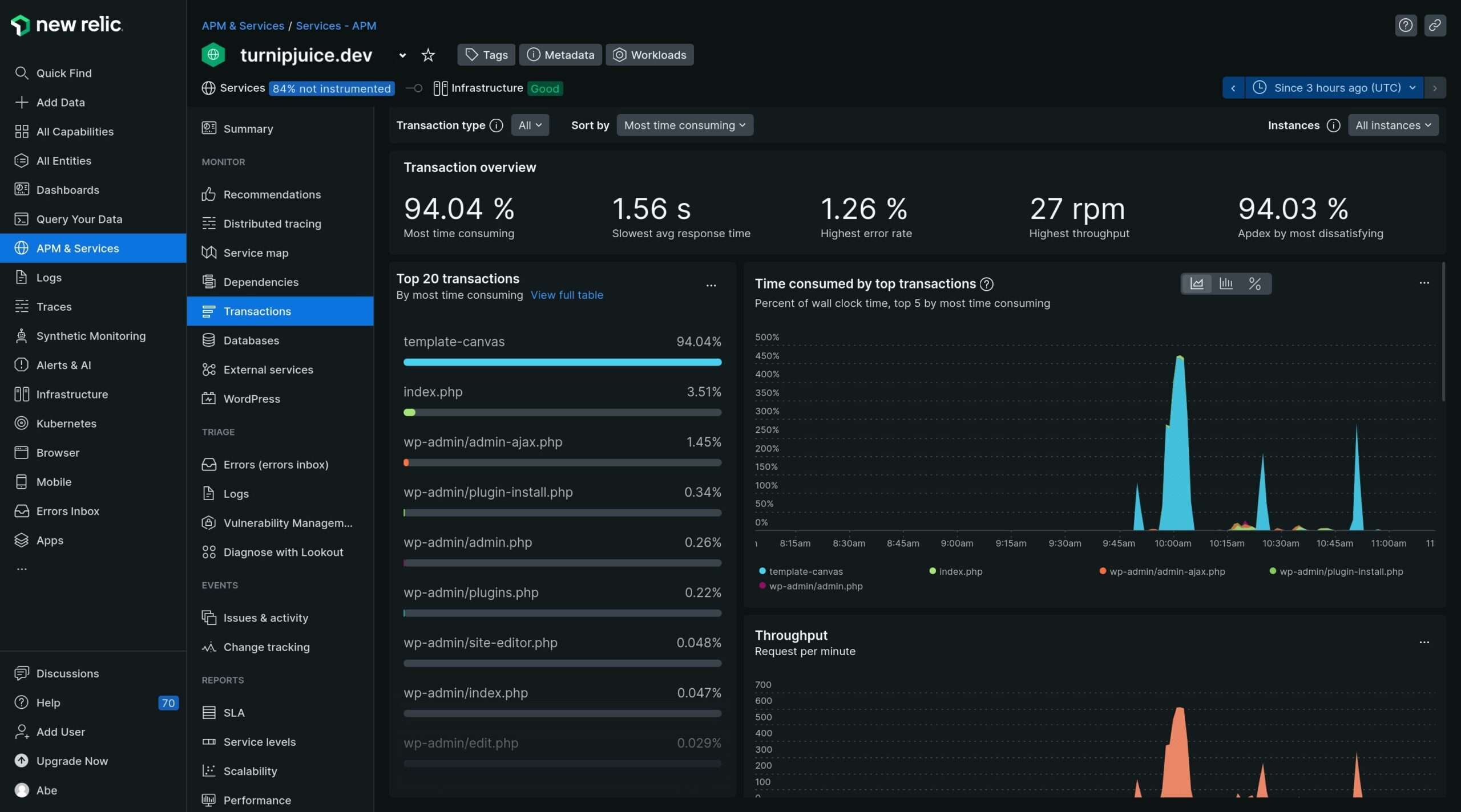 New Relic Transactions page showing transactions that could benefit from fine-tuning