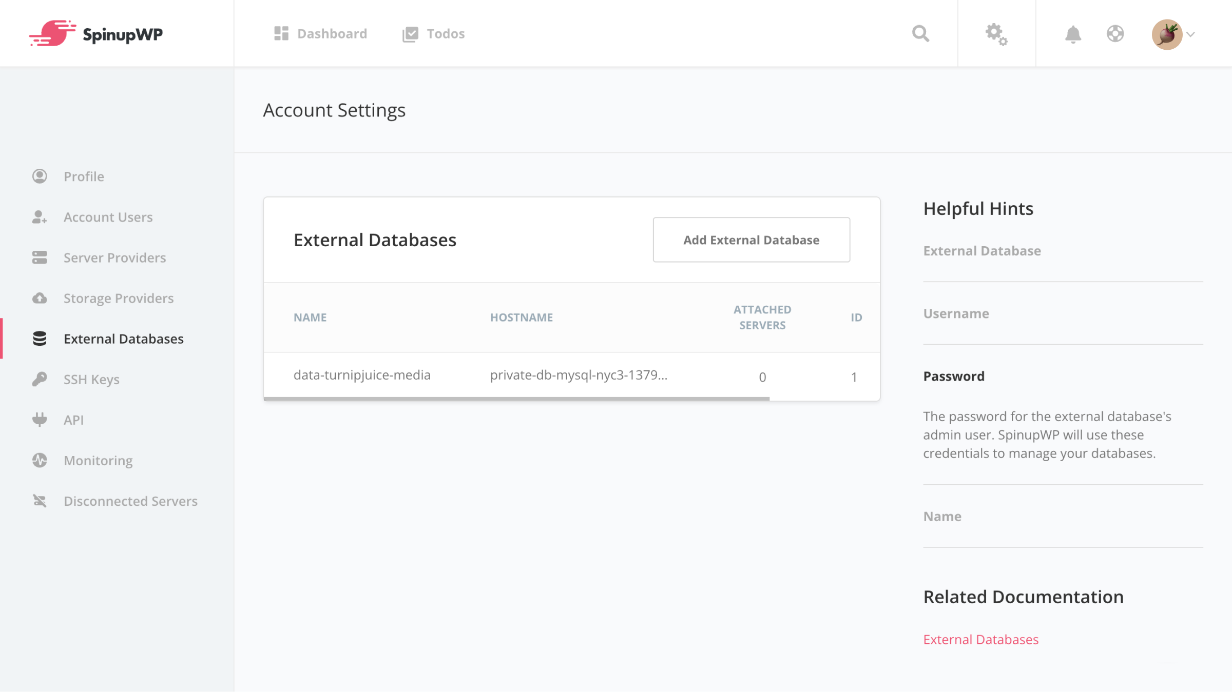 List external databases.