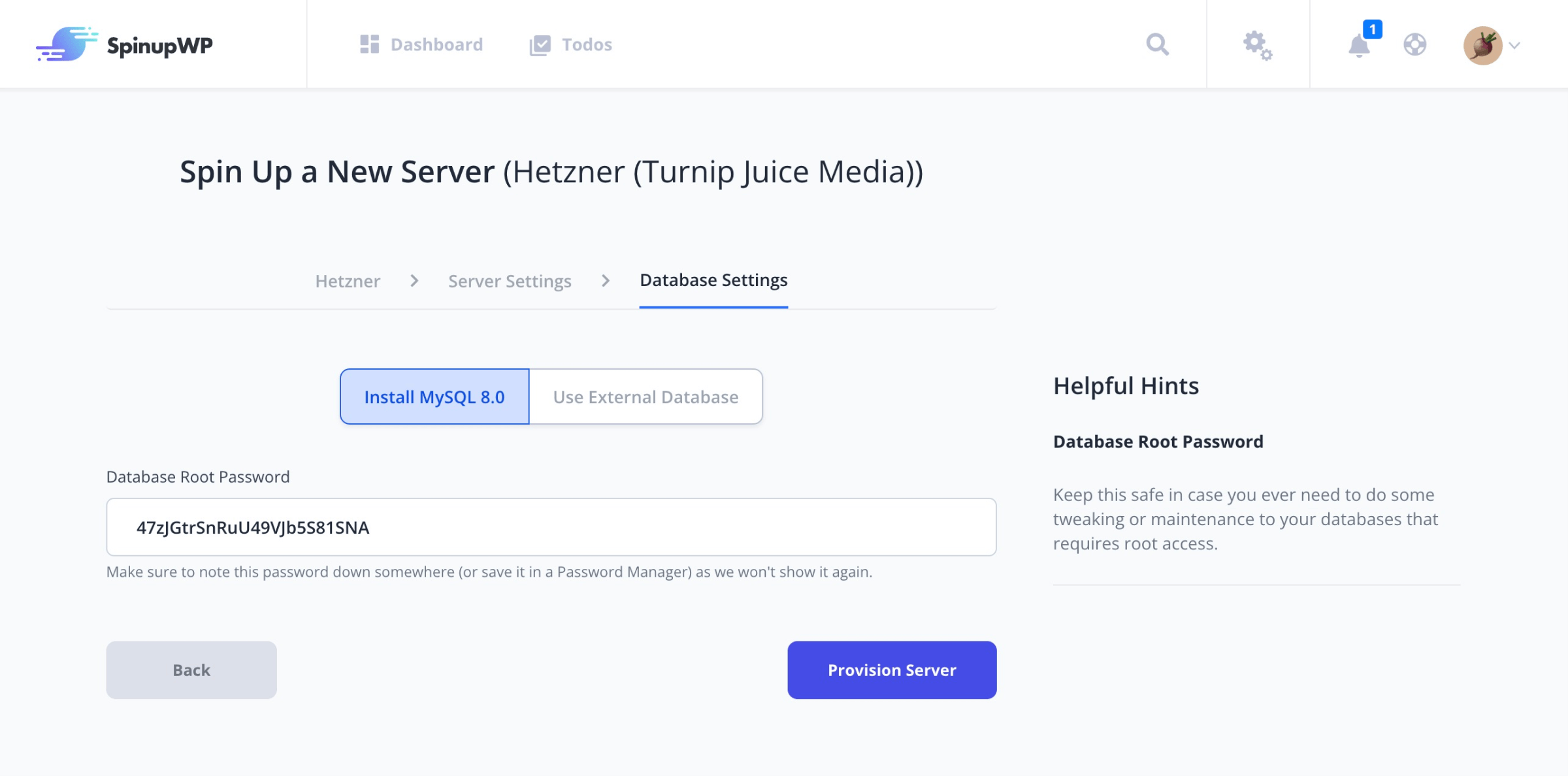 SpinupWP screen showing field to create a Database Root Password