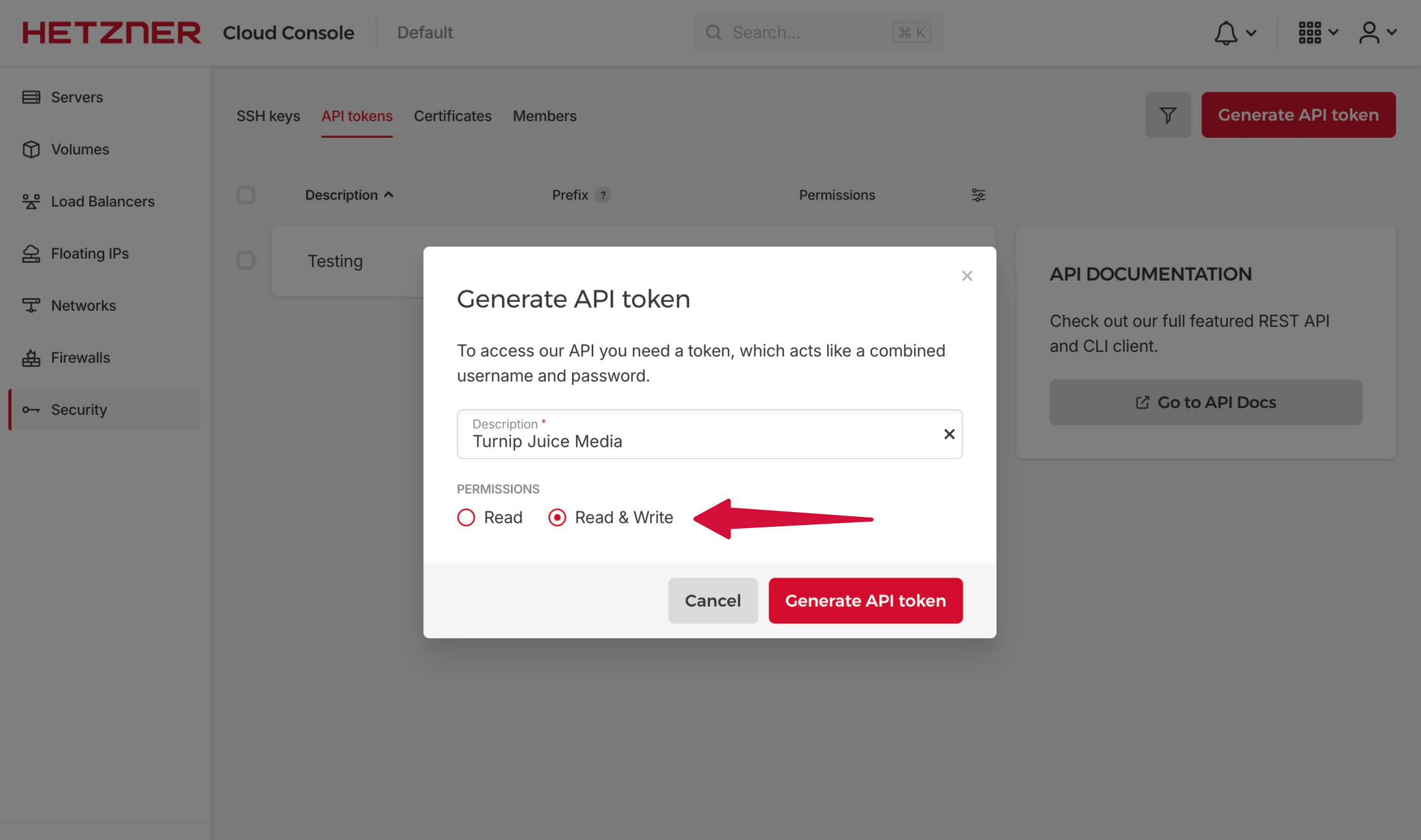 Generate API token window in Hetzner showing Read and Write Permissions as checked