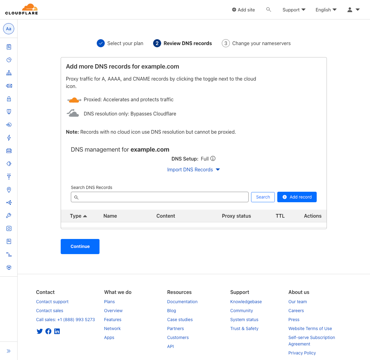 Screenshot of reviewing DNS records in the WordPress Cloudflare plugin setup